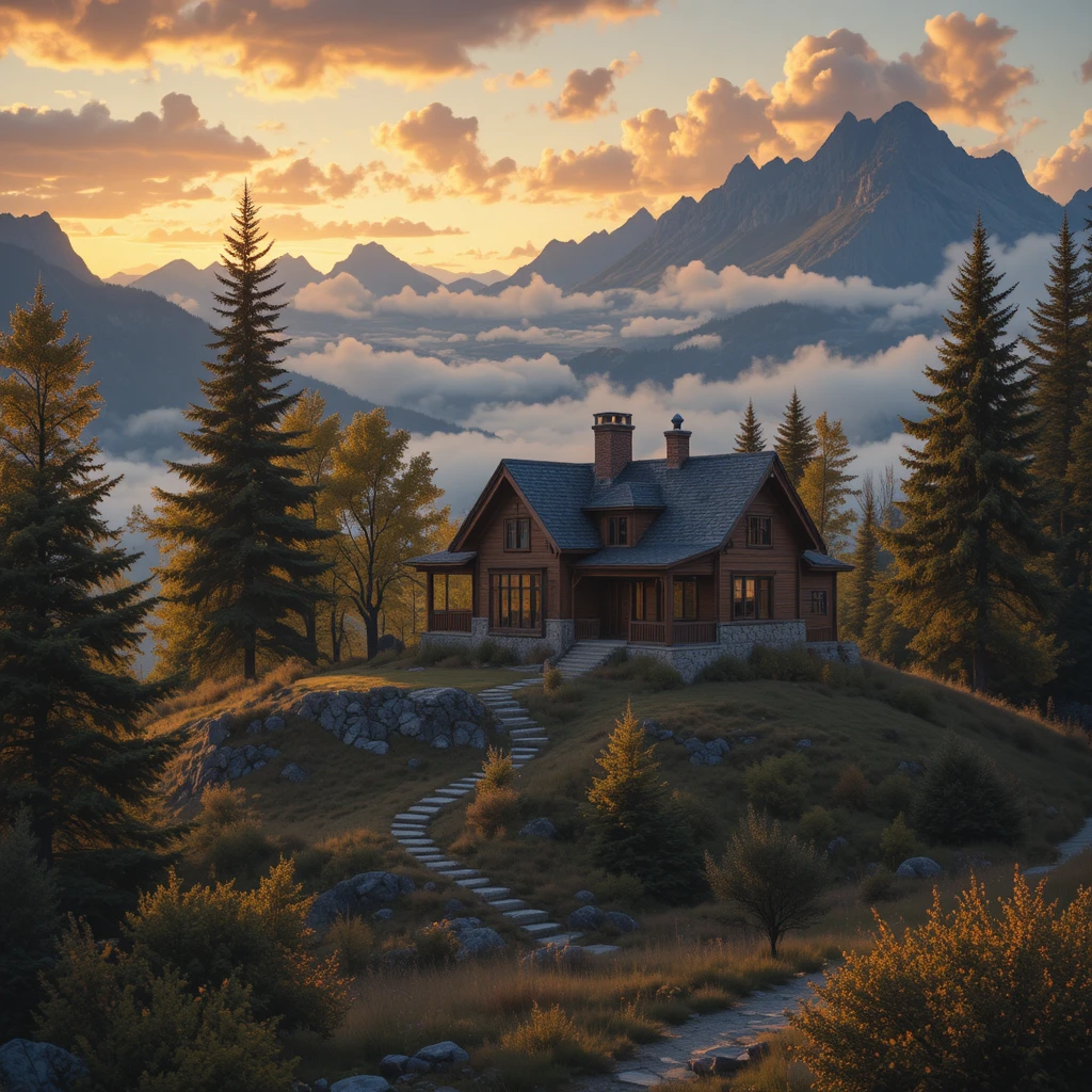 Casa na montanha ao nascer do sol com árvores e nuvens