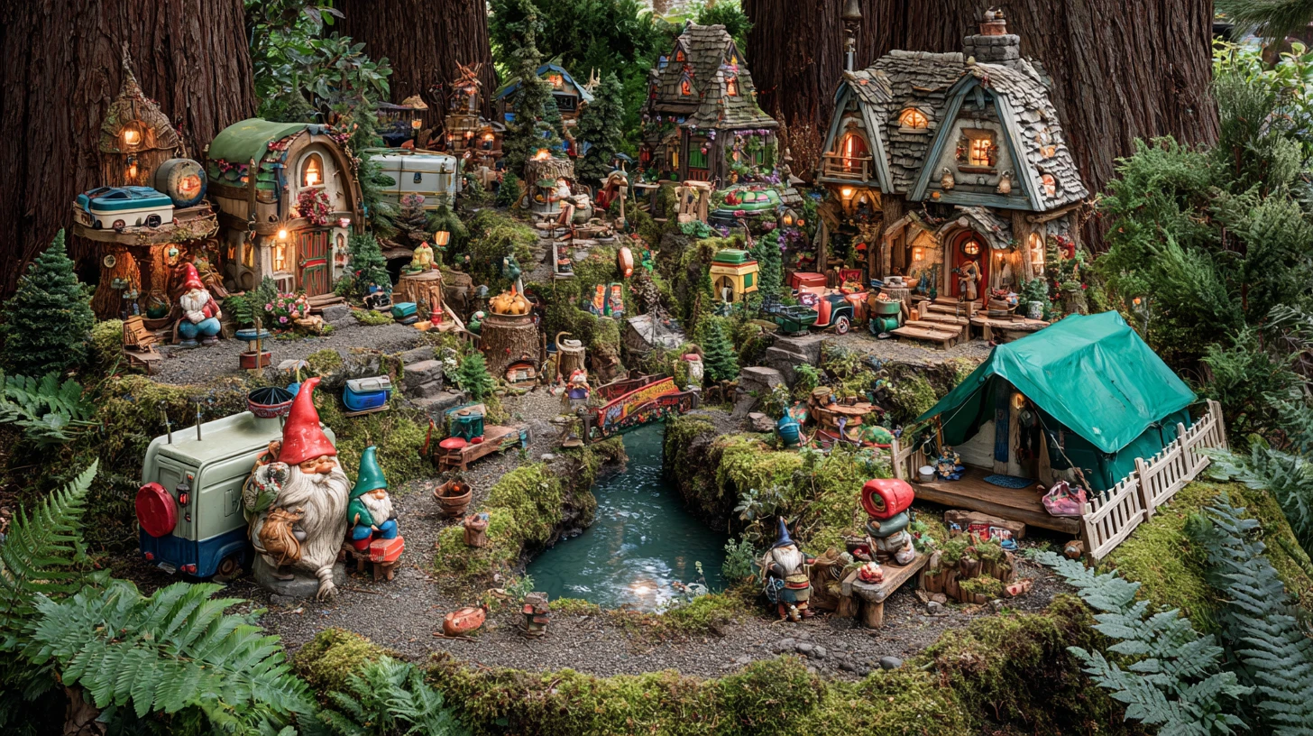 Village coloré de gnomes construit avec du matériel de camping au cœur de la forêt