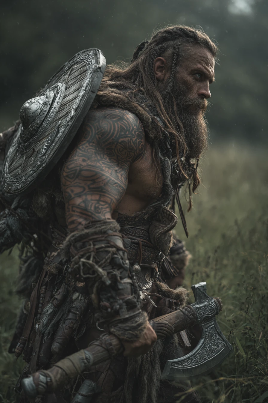 Dwarf barbarian sneaking through tall grass by a river