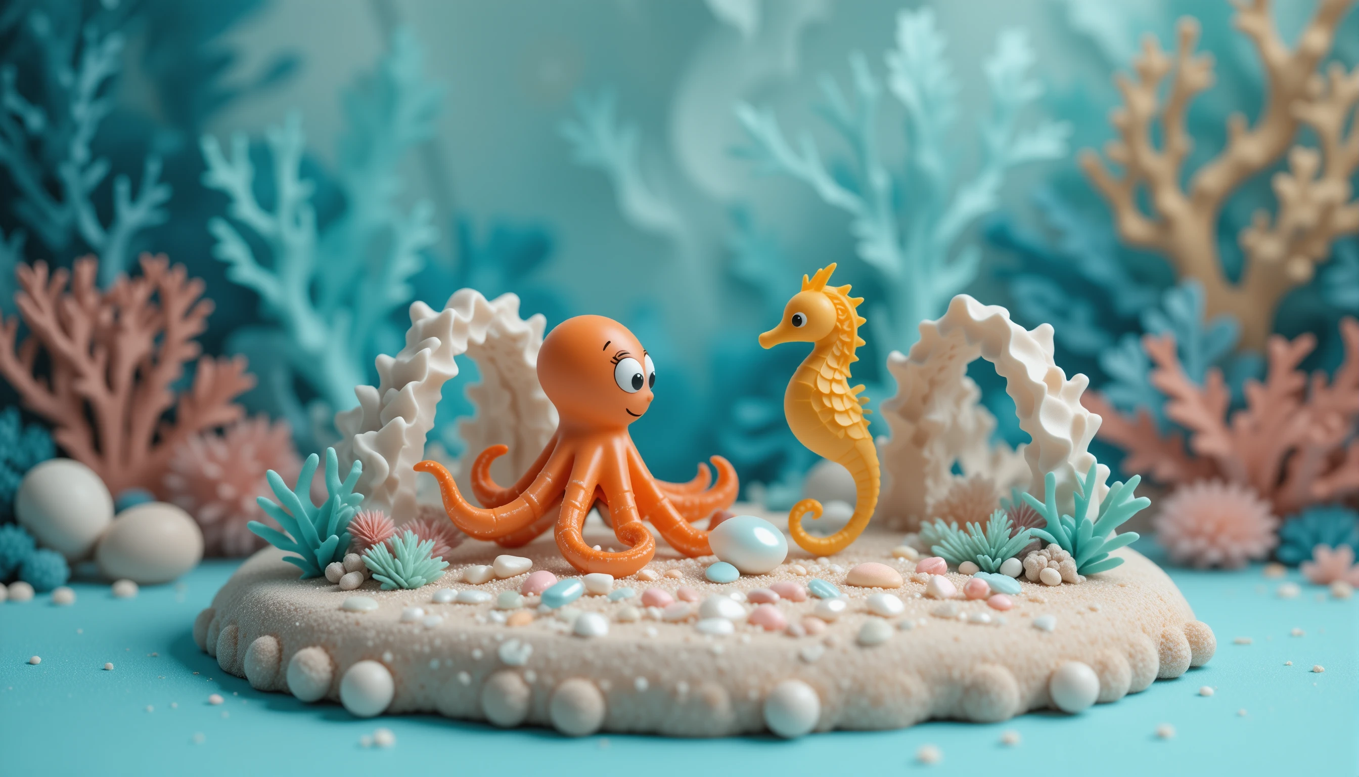 Diorama em miniatura do fundo do mar com polvo e cavalo-marinho em estilo cartoon