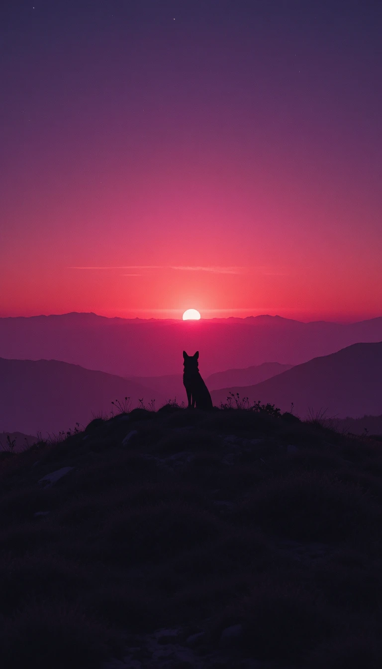 Silhueta de raposa contra um horizonte roxo ao entardecer