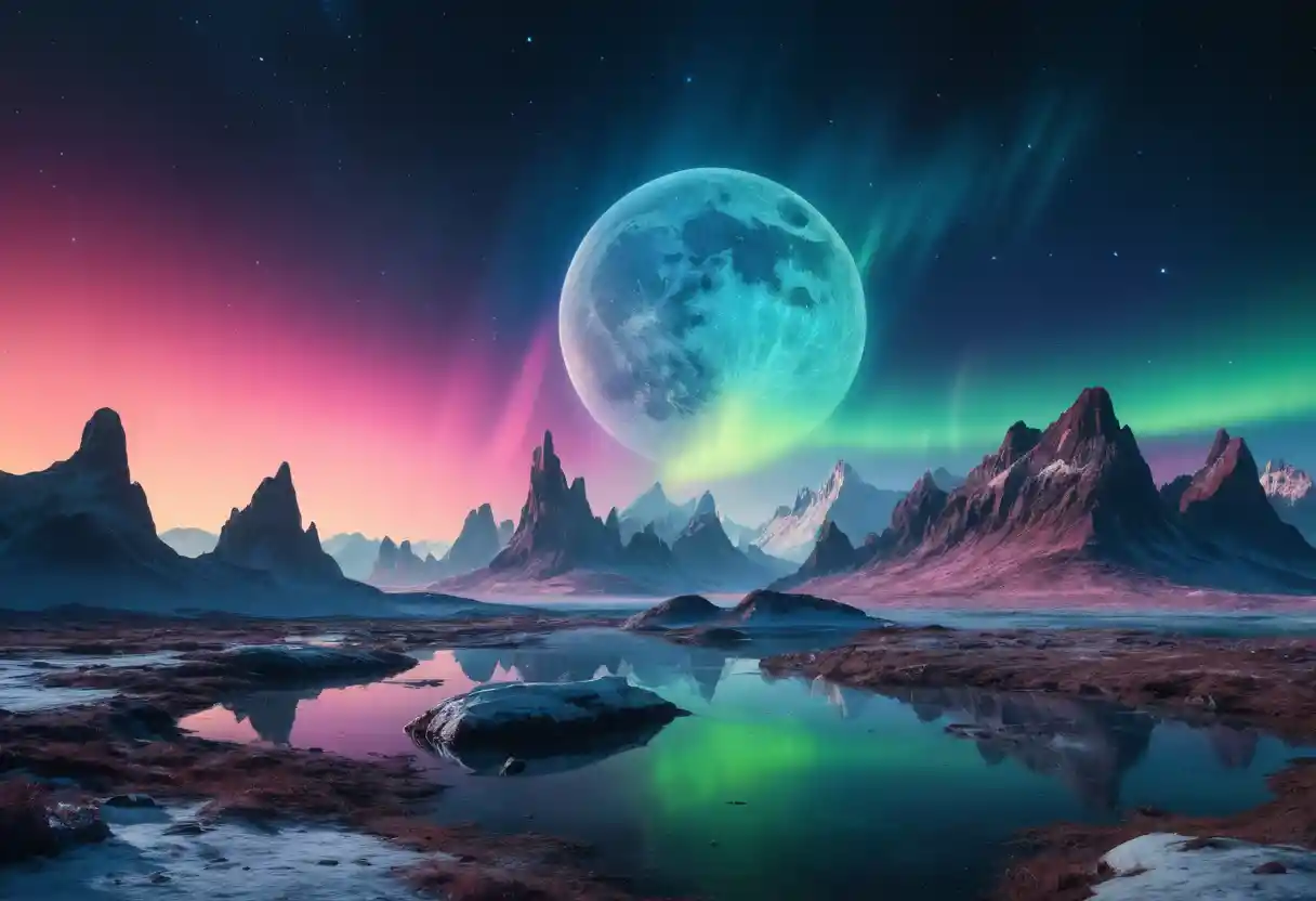 Leuchtender Neonplanet mit Aurora und ferner eisiger Mond