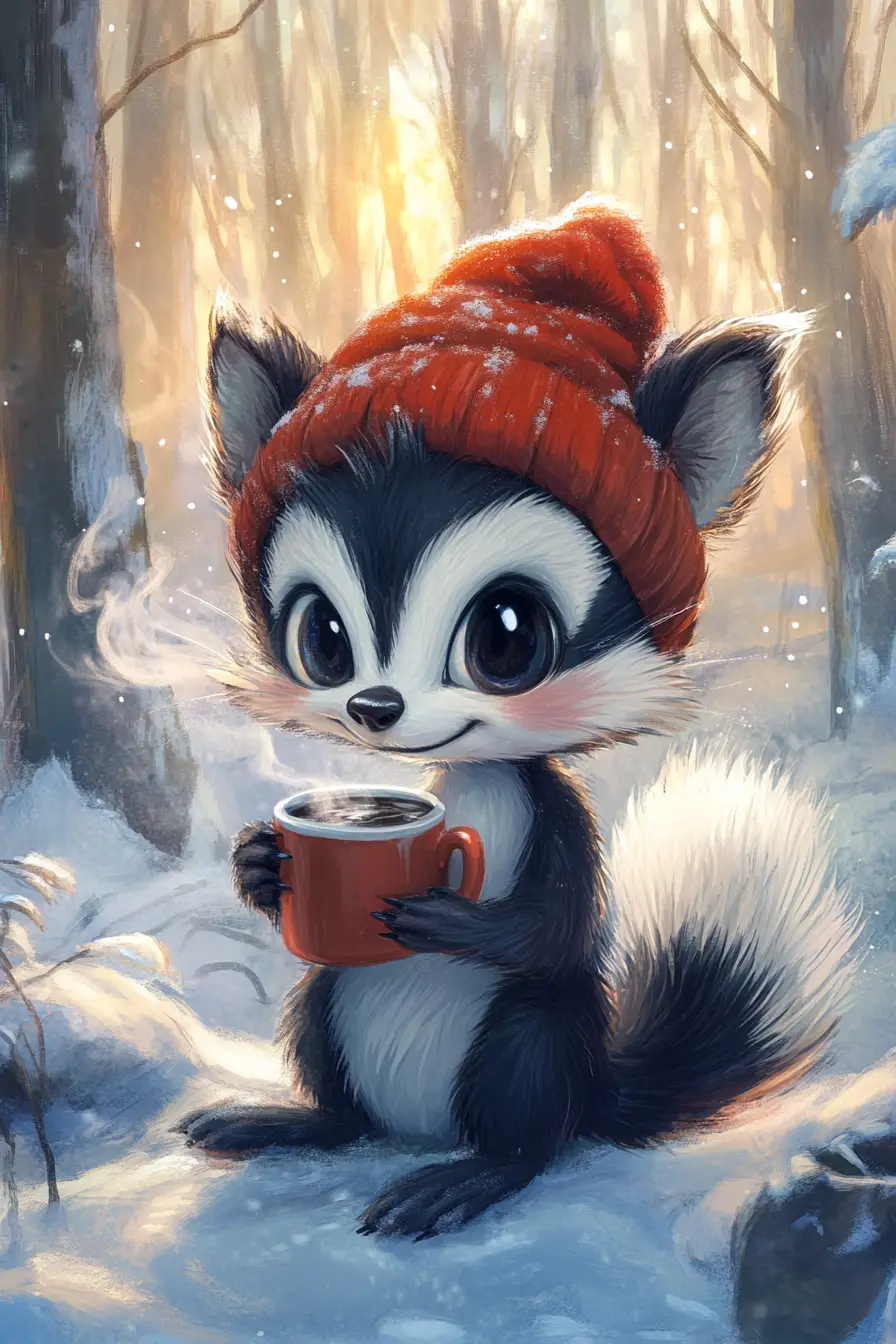 Dolce puzzola anime in una foresta innevata con caffè caldo