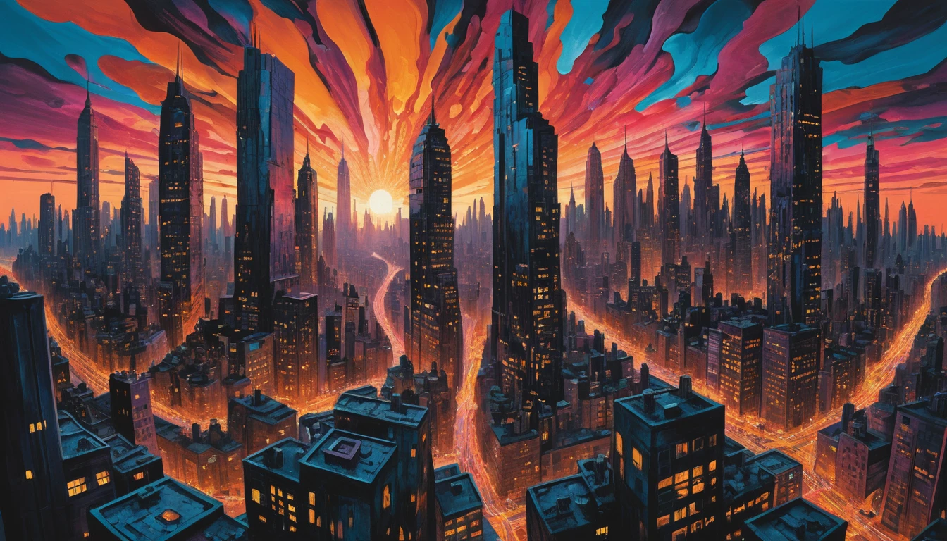 Paesaggio urbano surreale con grattacieli fusi al tramonto variopinto