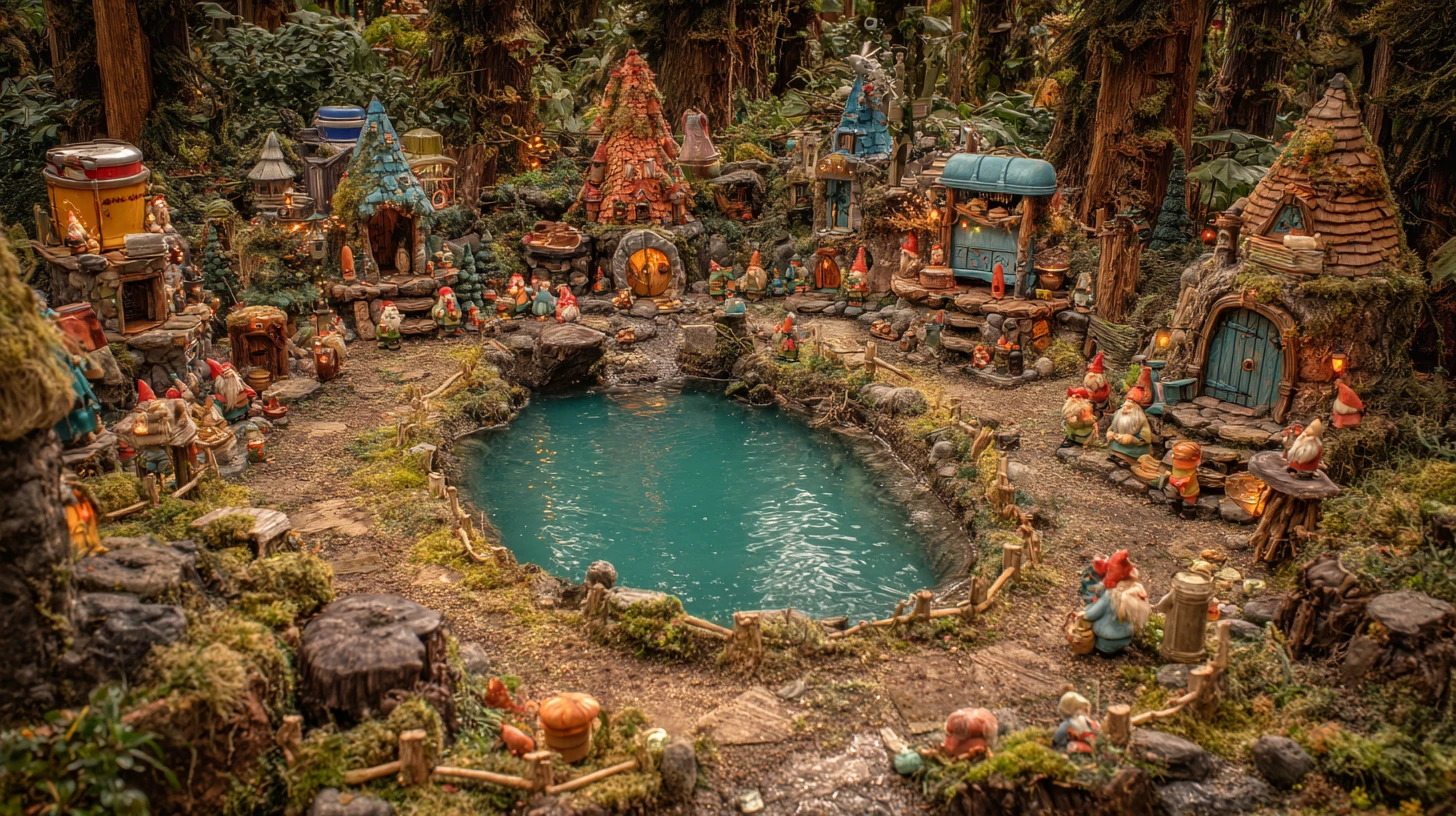 Vila colorida de gnomos feita com equipamentos de camping na floresta