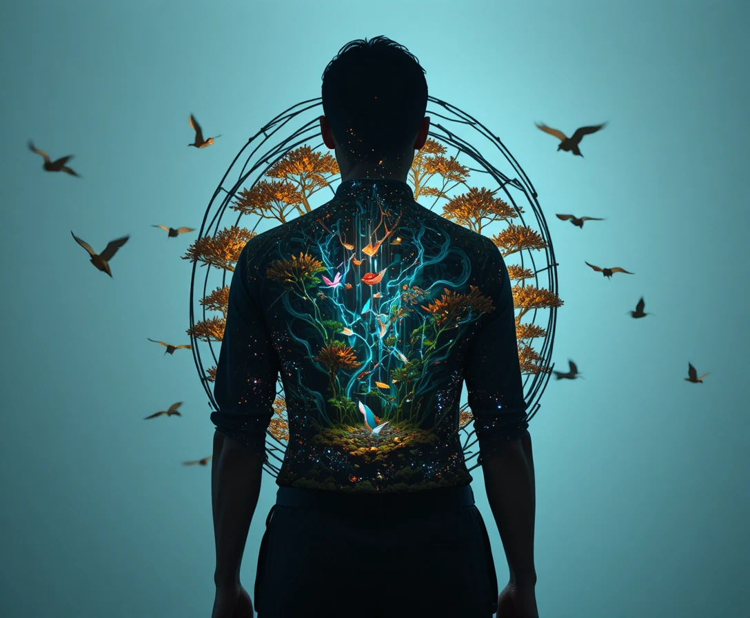 Silhouette de dos remplie d’arbres, d’oiseaux et de données