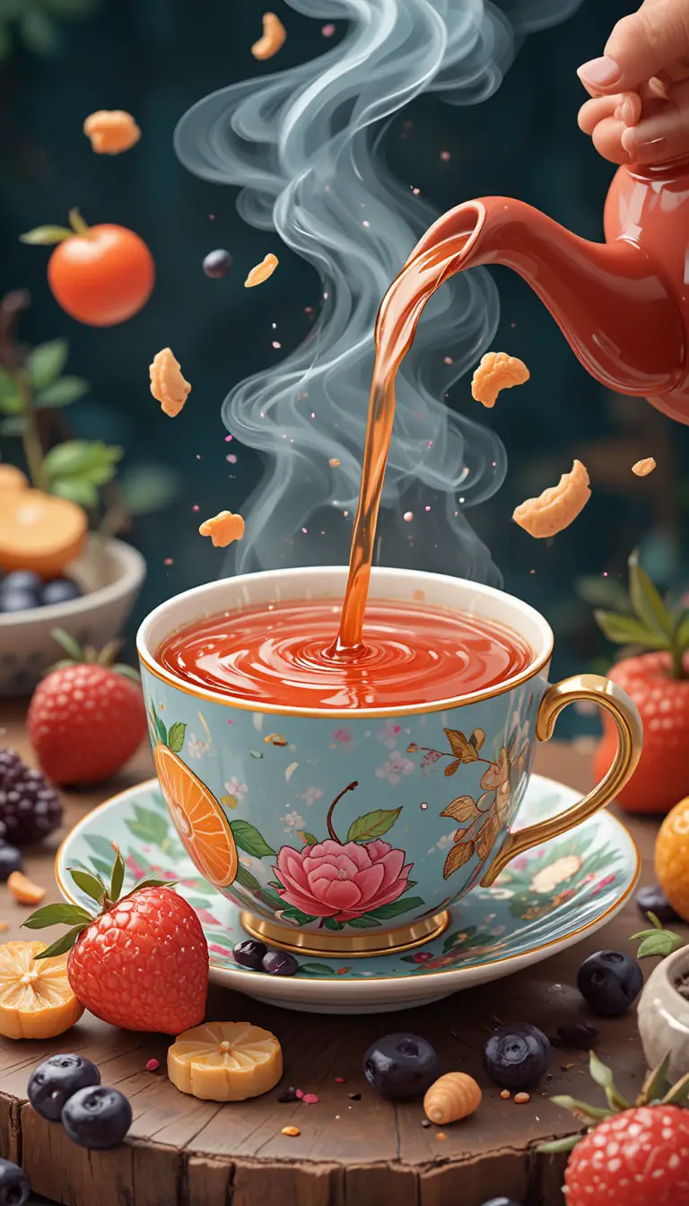 Ilustração fofa kawaii de chá vermelho alegre e frutas