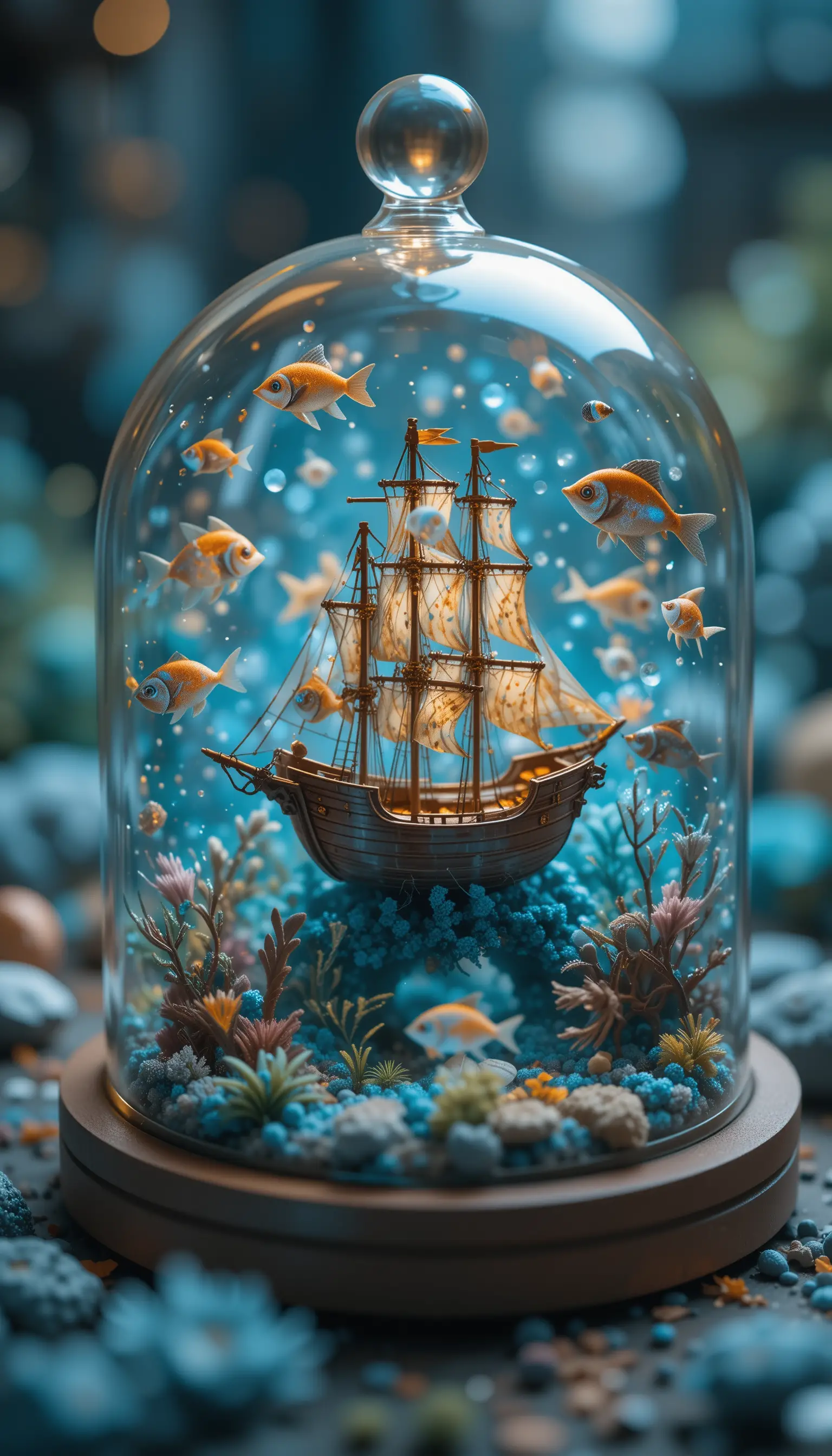 Miniatura de navio naufragado sob cúpula de vidro com mar em papel