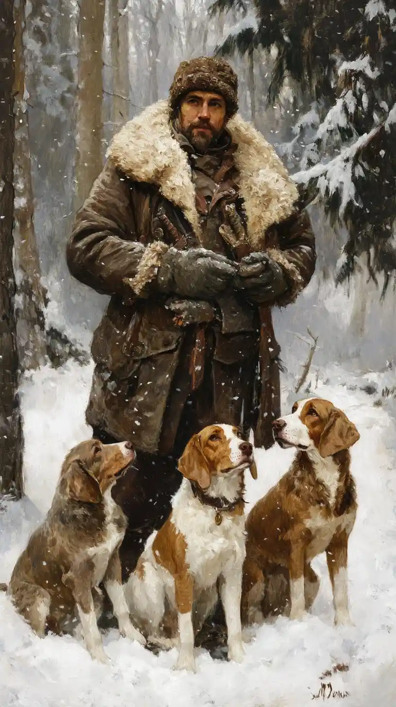 Hombre con basset hounds en un claro nevado de bosque invernal