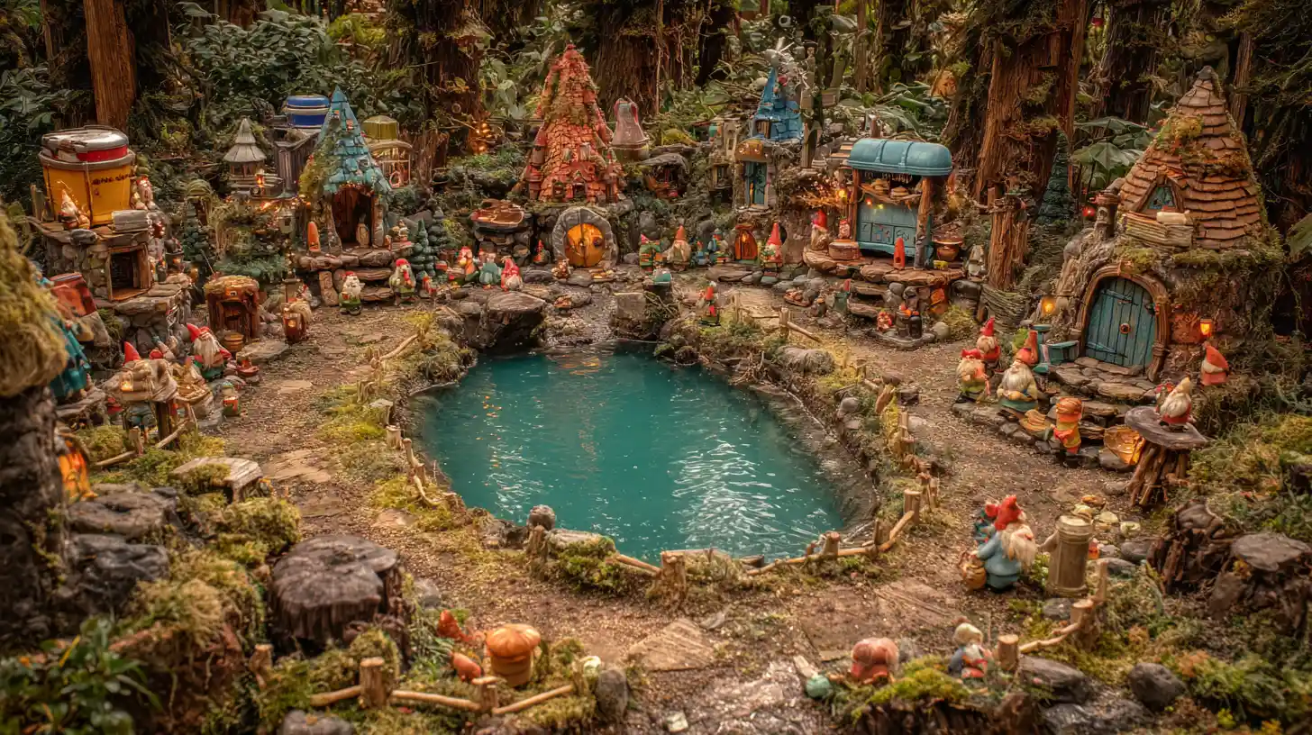 Bunte Wichtel-Siedlung aus Campingausrüstung im Wald