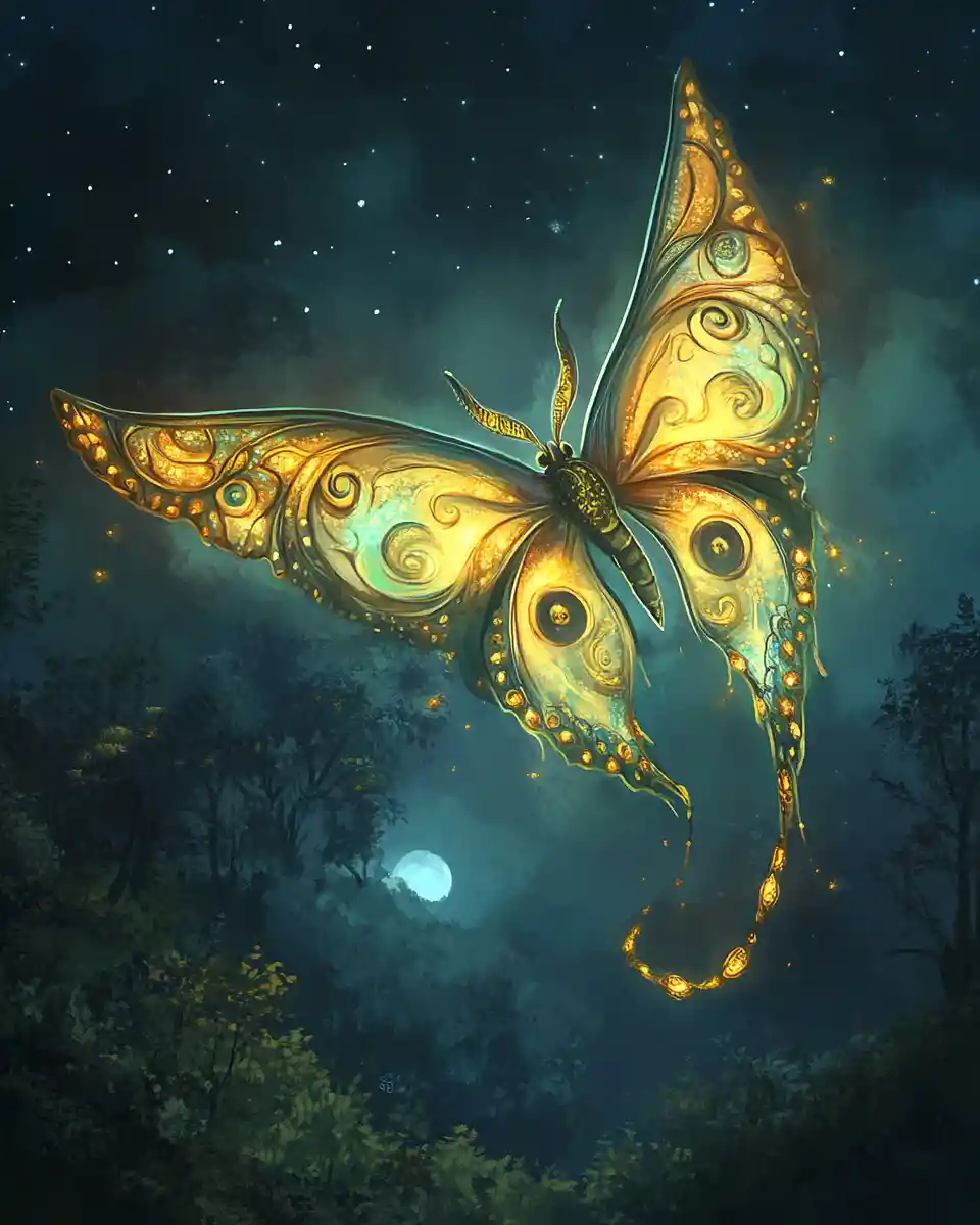 Espírito de mariposa lunar celestial deslizando por uma floresta noturna