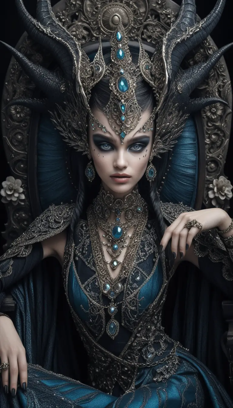 Rainha demoníaca em trono barroco em retrato de fantasia sombria