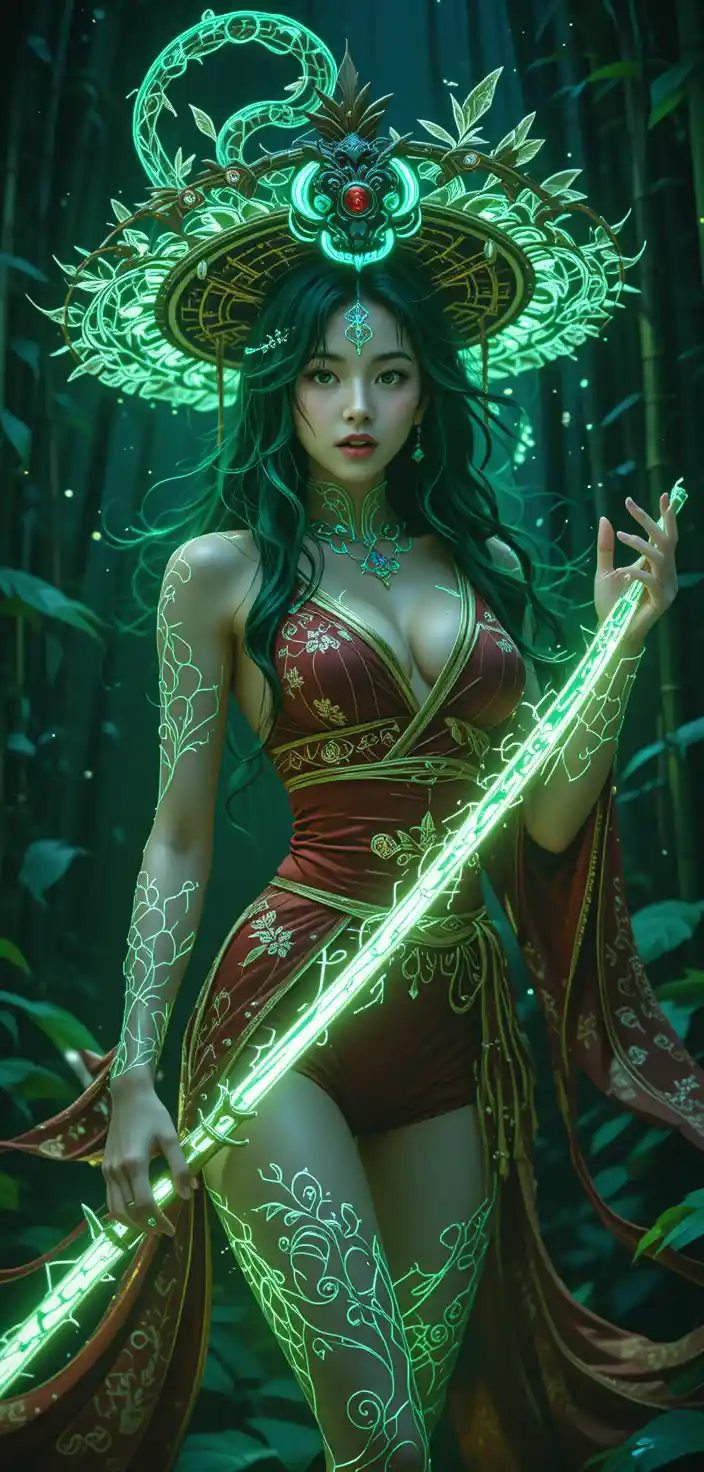 Anime warrior woman glowing with runes in battle stance