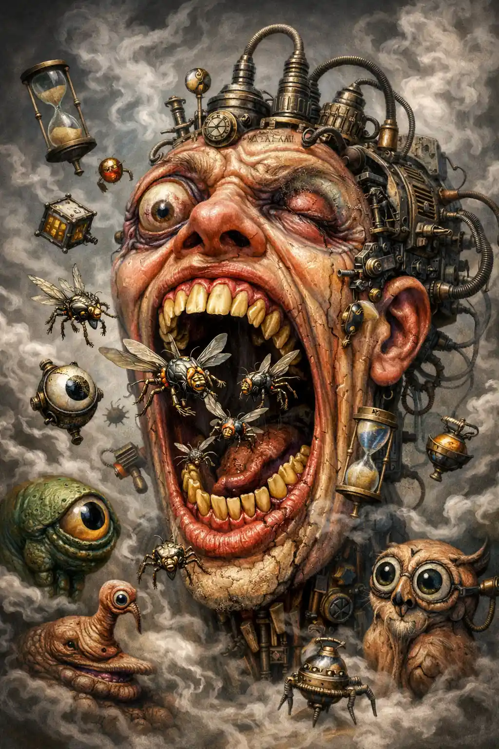 Surreal verzerrtes Gesicht mit mechanischen Insekten und Maschinen