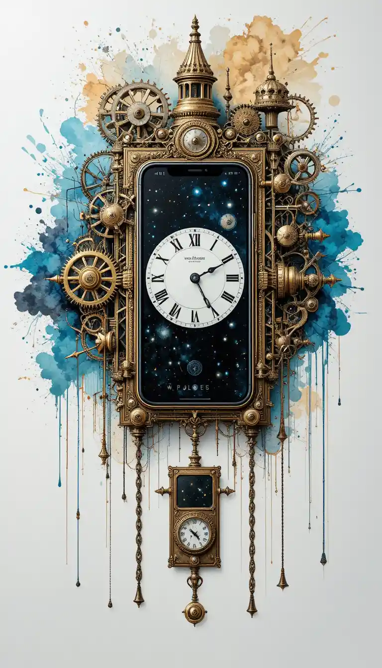 Smartphone steampunk fundido com mecanismo ornamentado e estrelas