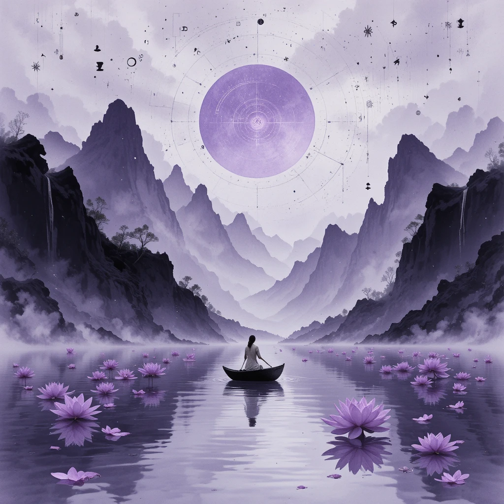 Barque solitaire traversant une eau calme parmi des lotus violets