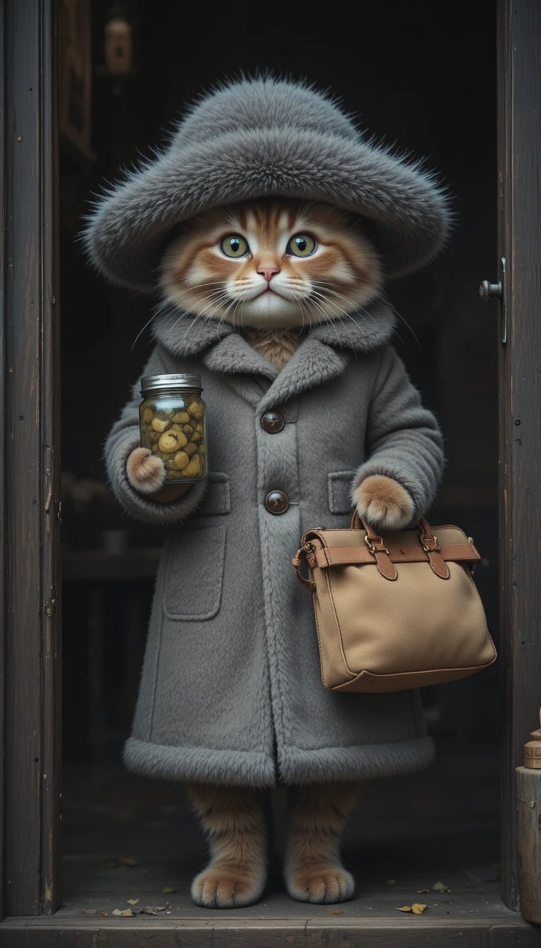 Kitten In Fur Coat Holding Bag And Pickled Cucumbers