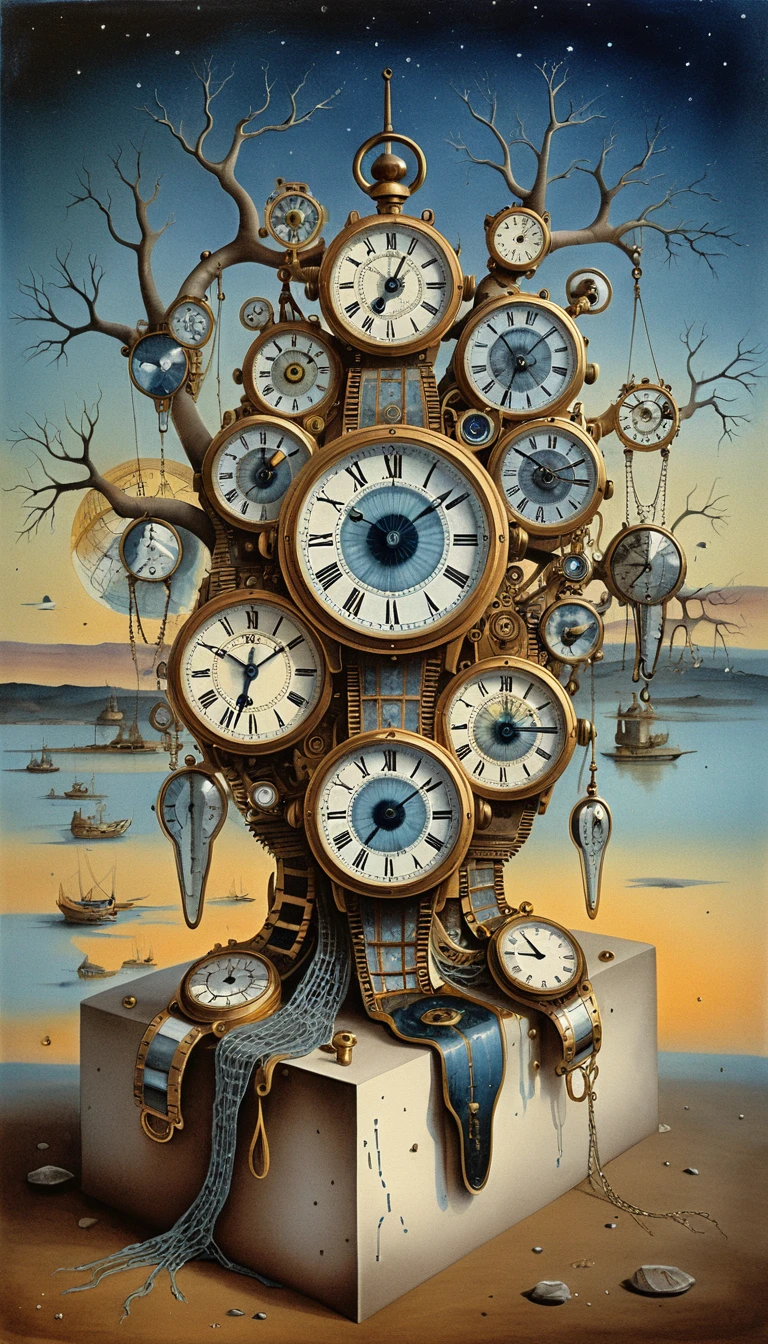 Máquina do tempo steampunk surreal com olho de relógio cósmico