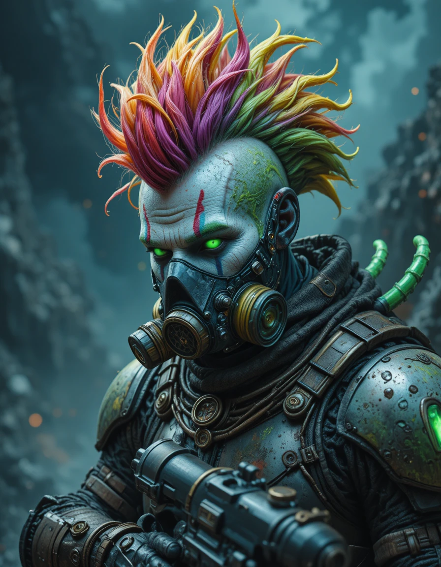 Futuristic clown warrior in armor with glowing gas mask