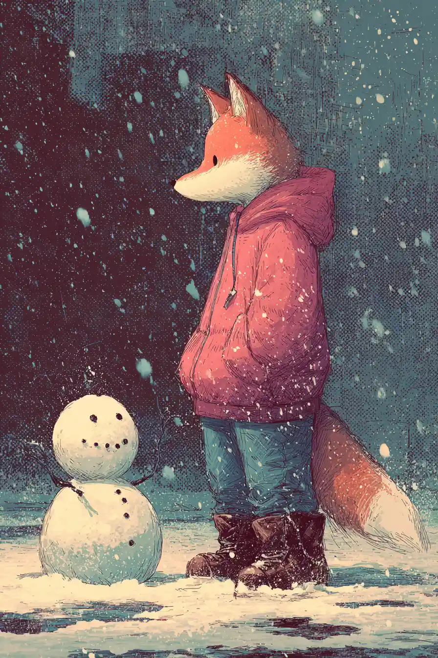 Anthropomorpher Fuchs baut einen Schneemann in winterlicher Stadt