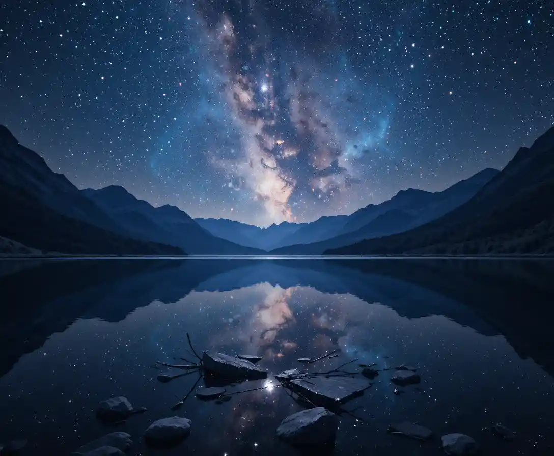 Lac de minuit reflétant un univers stellaire alternatif et surréaliste