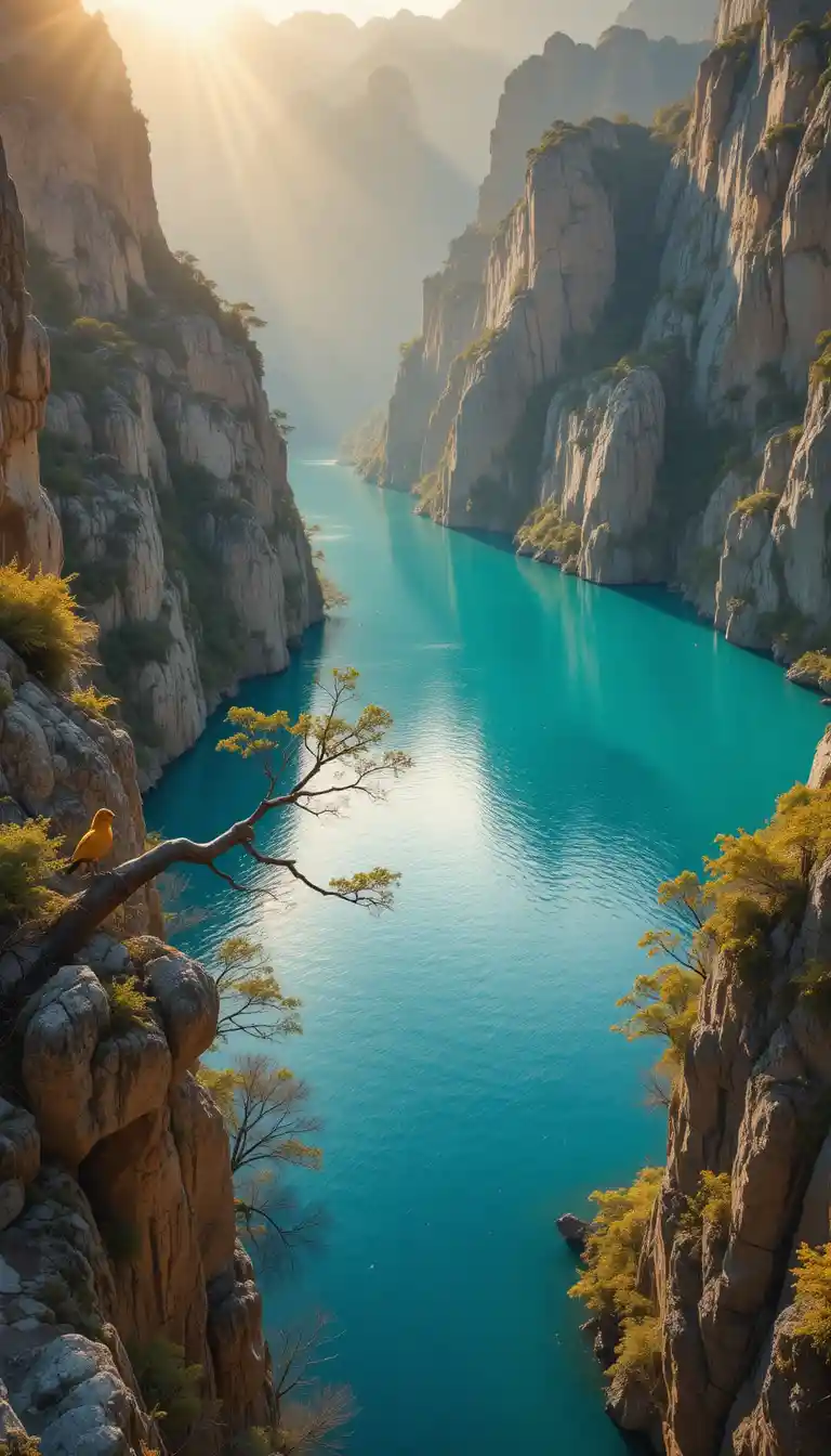 Oiseau doré au-dessus d’un lac turquoise au lever du soleil dans un canyon