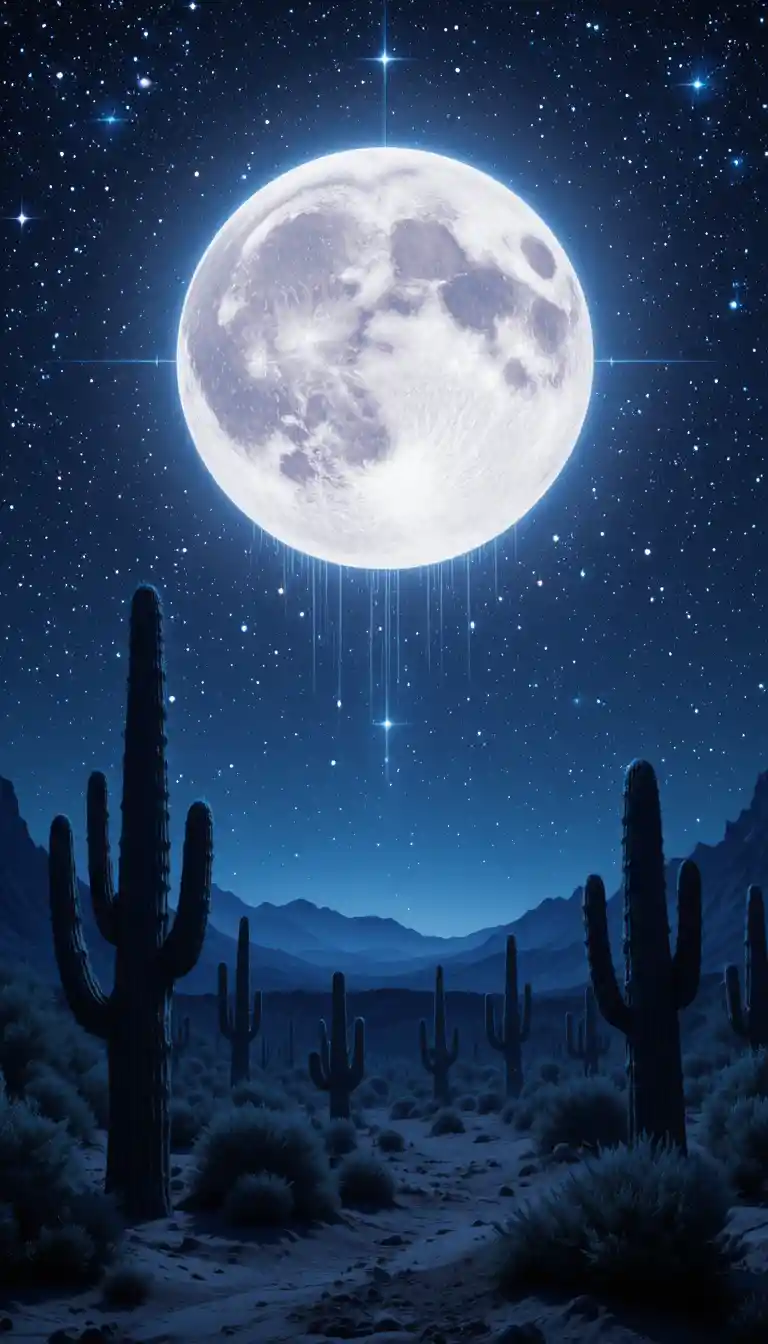 Deserto surreal sob um céu cósmico iluminado pela lua