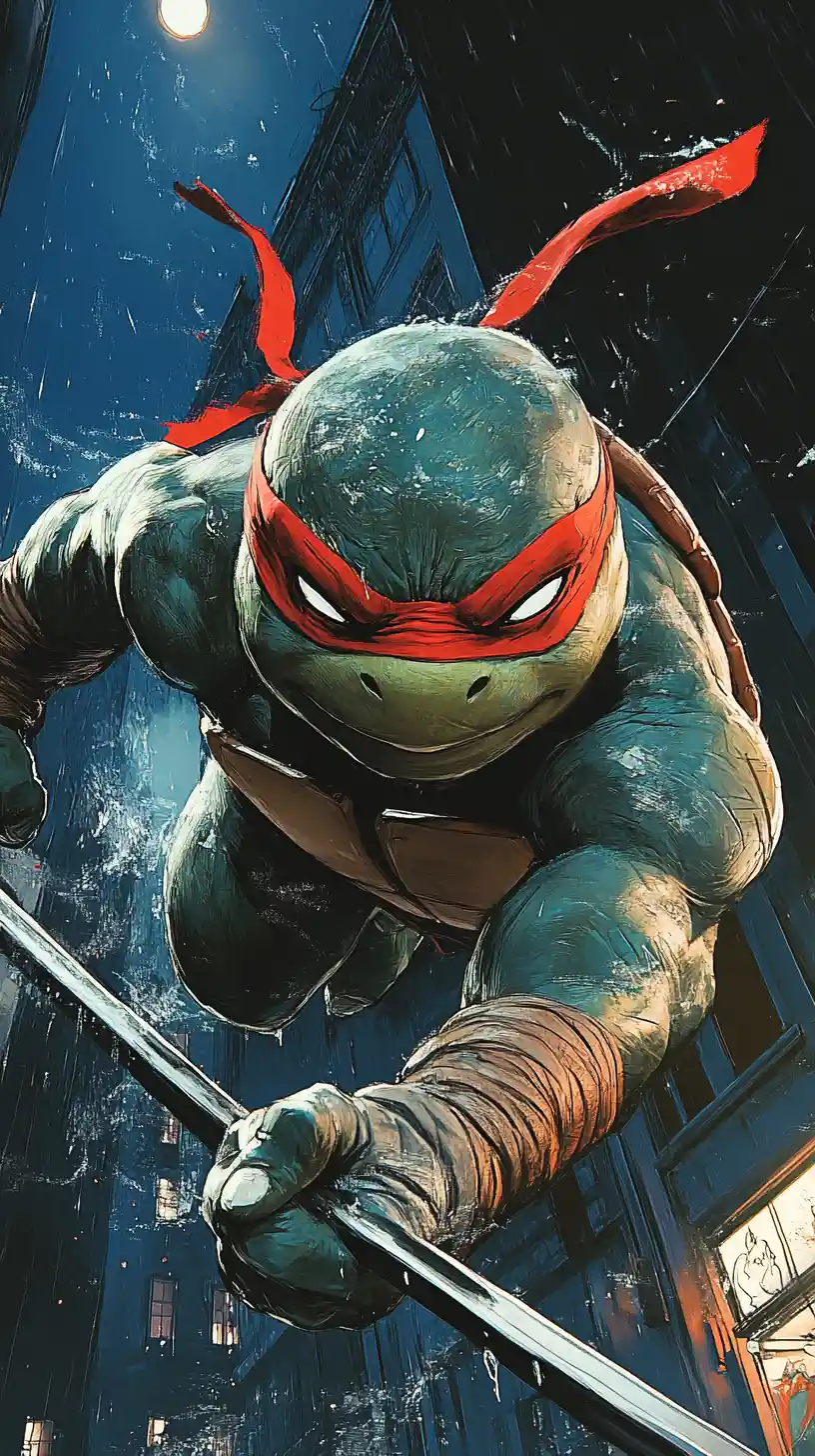 Ninja turtle leaping into action in a dark city