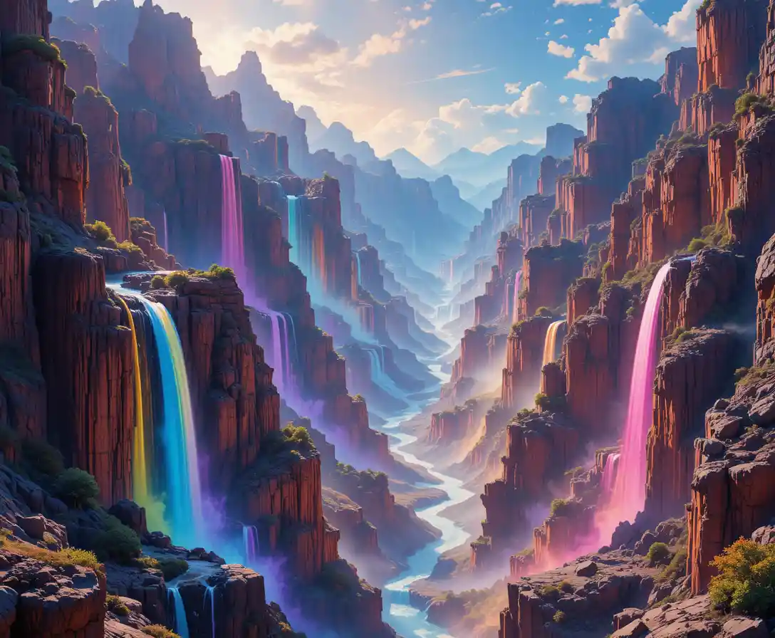Canyon arcobaleno con strati luminosi e isole fluttuanti