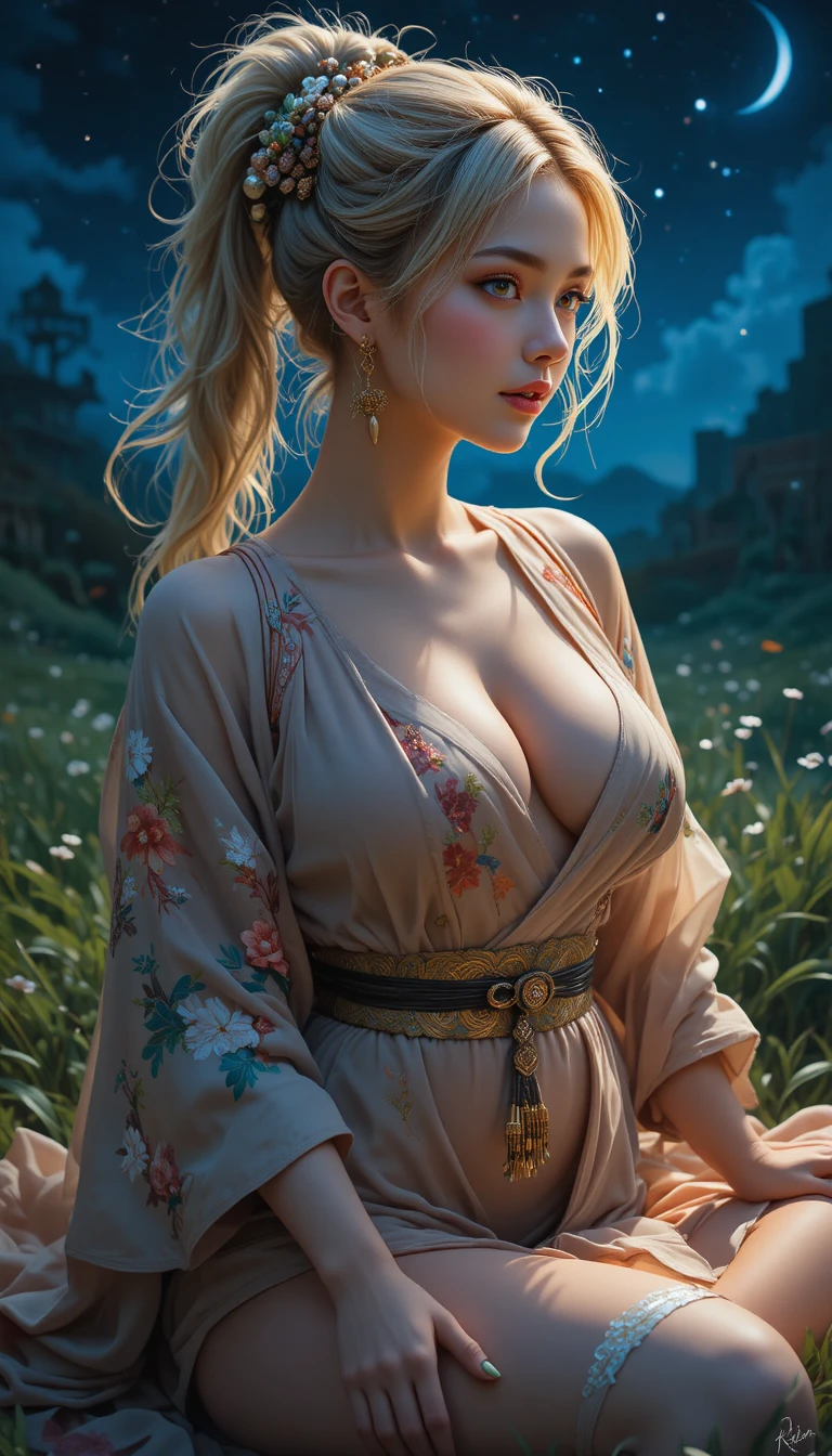 Norwegian woman in kimono smiling under the night sky