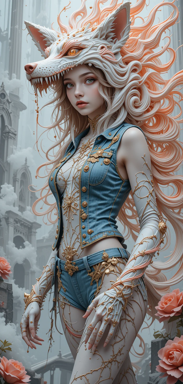 Fera donna fantasy in abiti da lupo davanti a un palazzo bianco