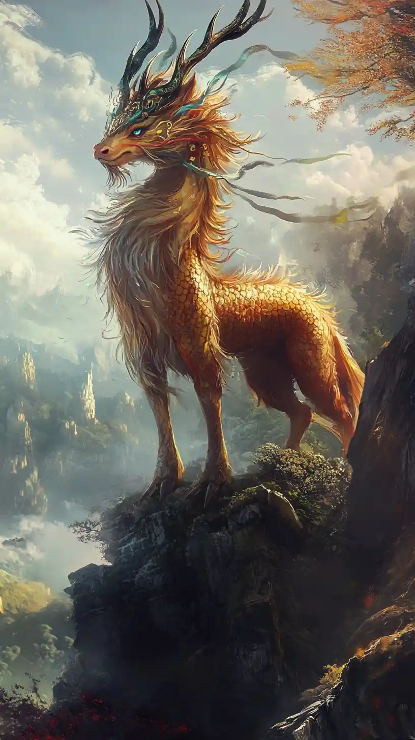 Criatura Mítica Qilin Majestosa em um Reino de Fantasia