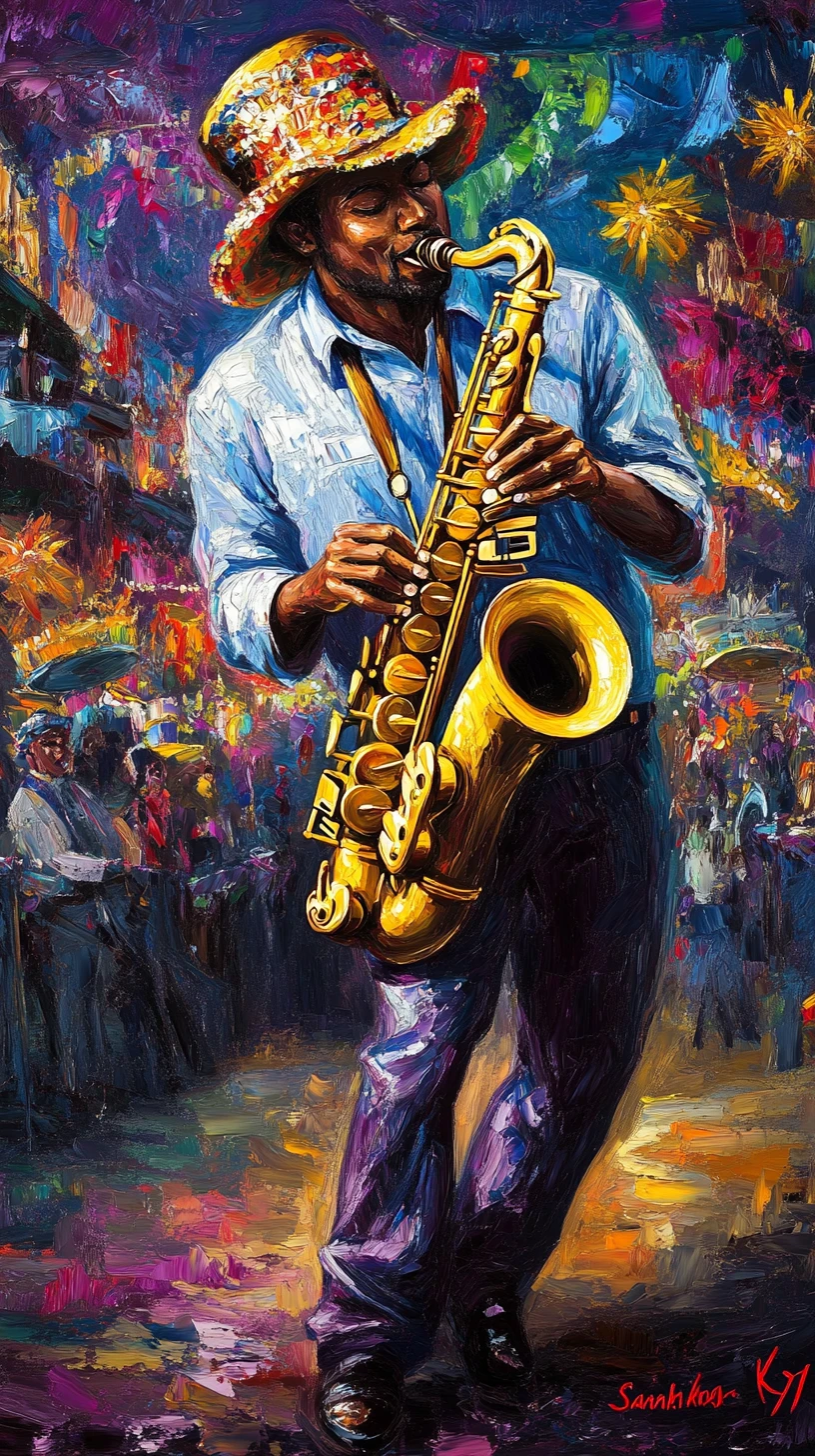 Músico negro de saxofone em animado festival de rua de Mardi Gras
