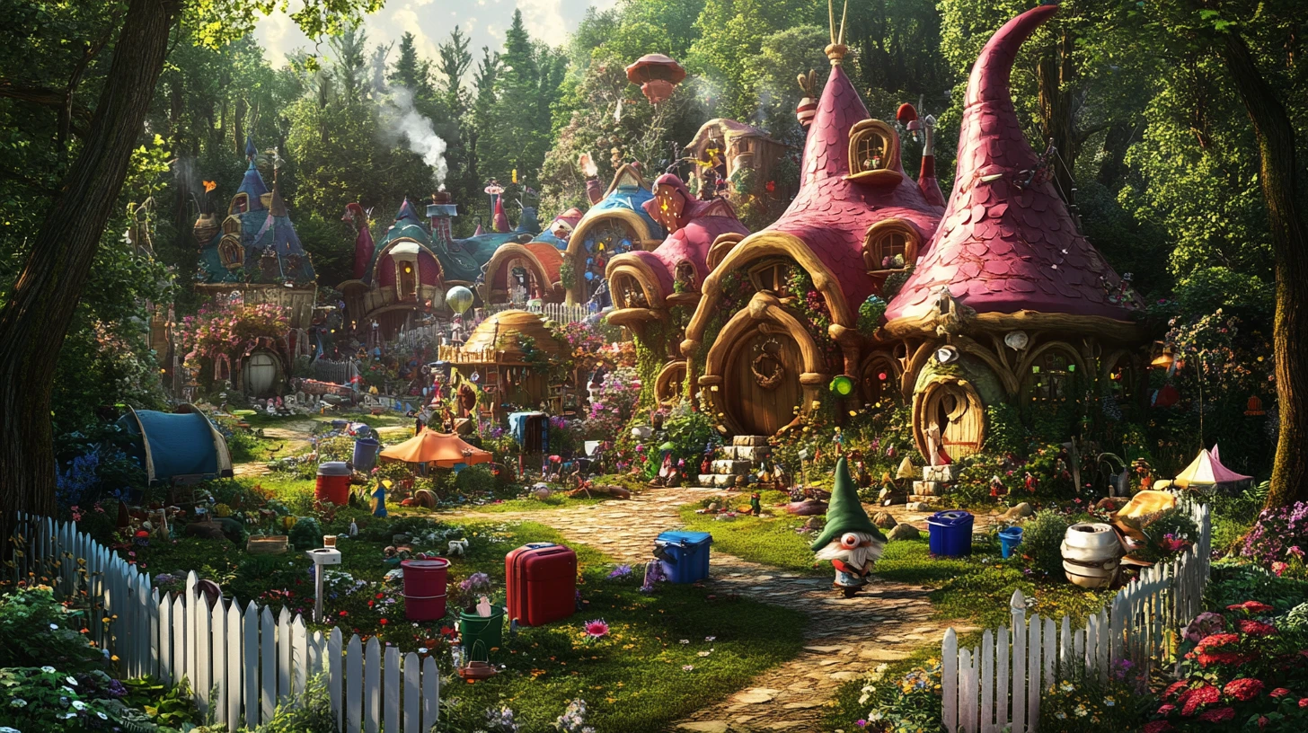 Village coloré de gnomes construit avec du matériel de camping en forêt