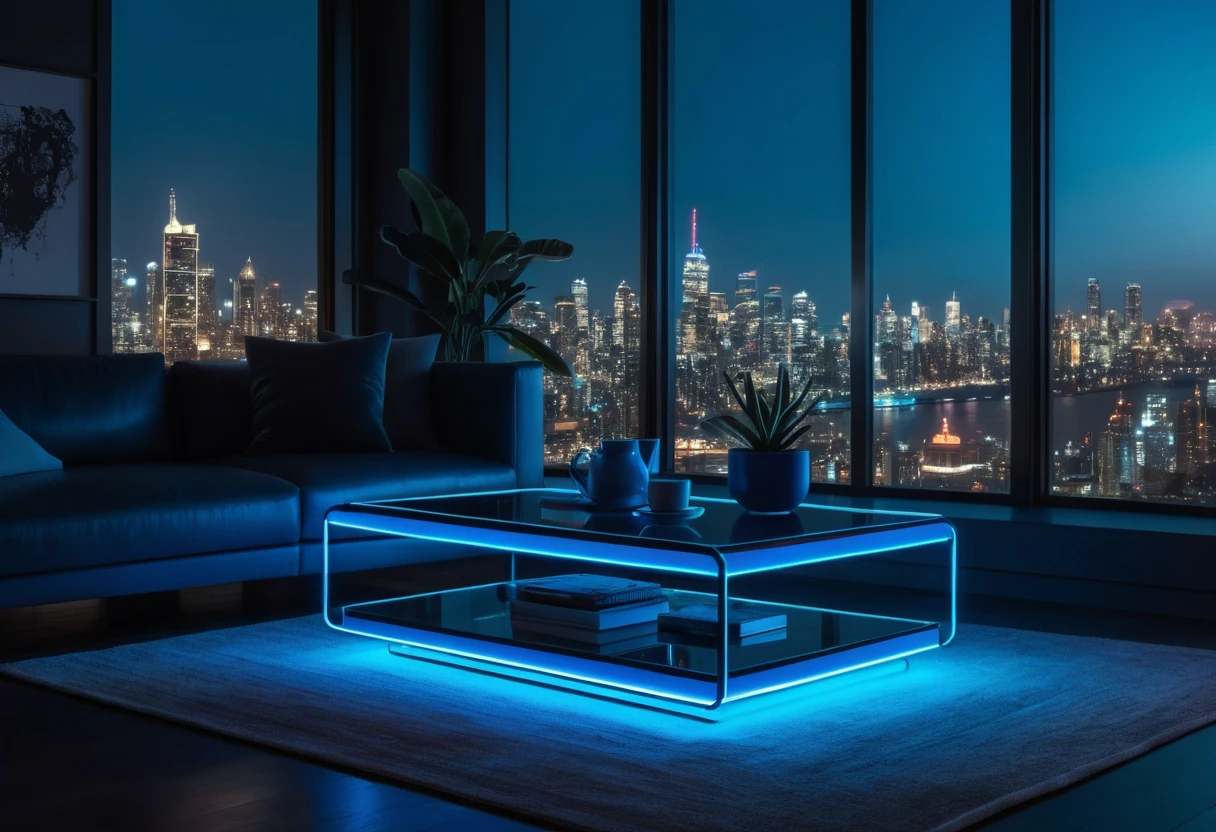 Futuristische Neonlampe leuchtet in modernem Wohnzimmer