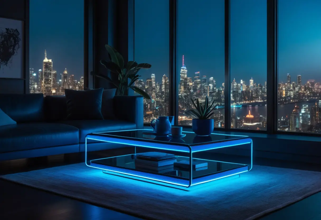 Futuristische Neonlampe leuchtet in modernem Wohnzimmer