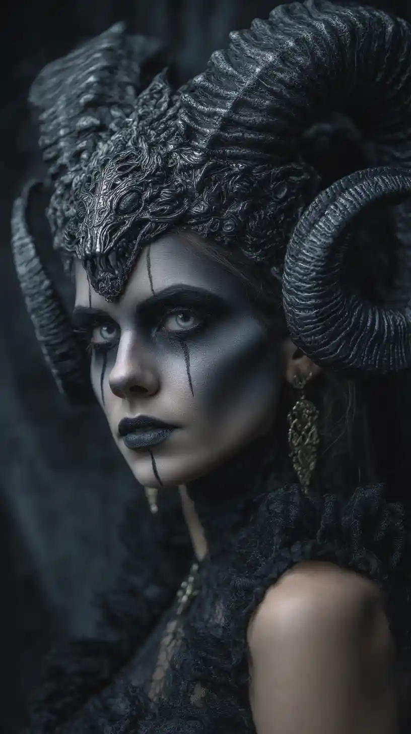 Regina demoniaca fantasy seduta su un trono barocco ornamentale