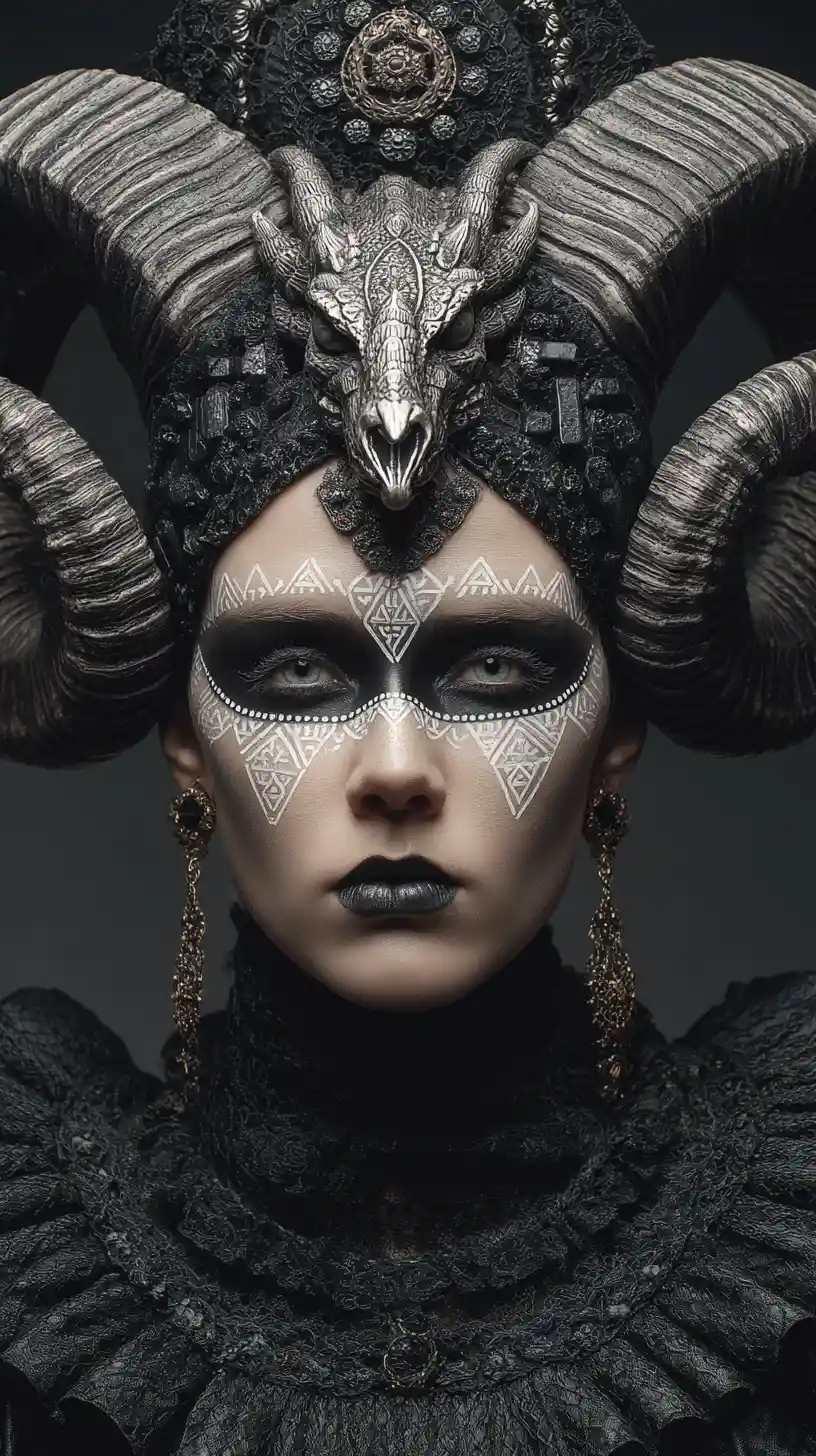 Rainha demoníaca em trono barroco ornamentado em retrato de fantasia sombria