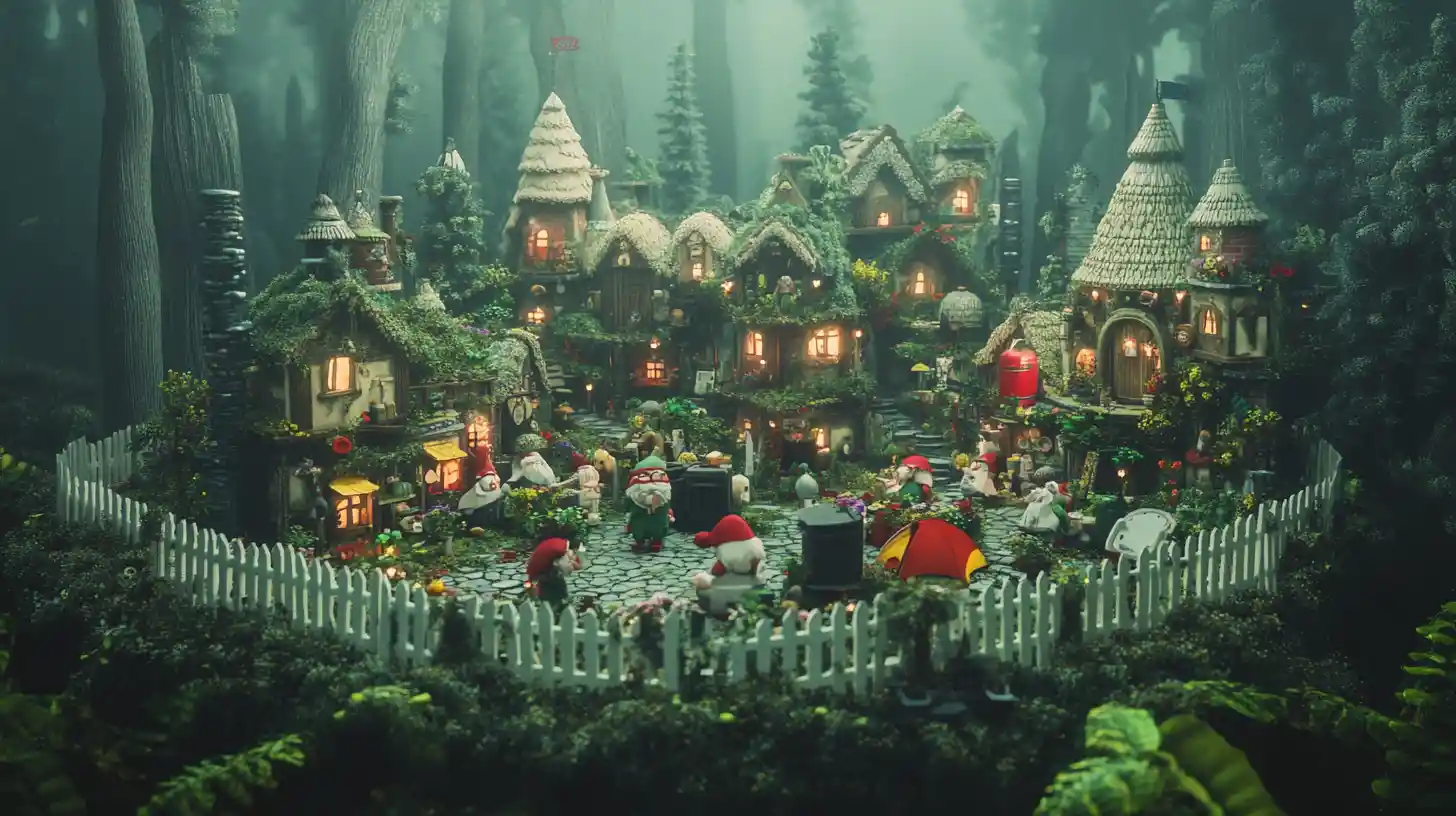 Village Fantaisiste de Gnomes Construit avec du Matériel de Camping Coloré