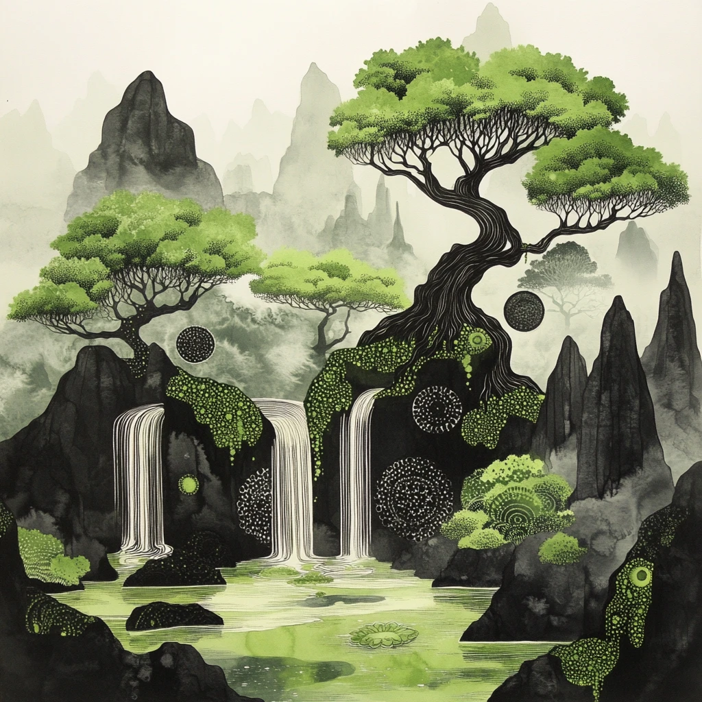 Foresta Fantastica Tranquilla a Inchiostro con Cascata e Lago