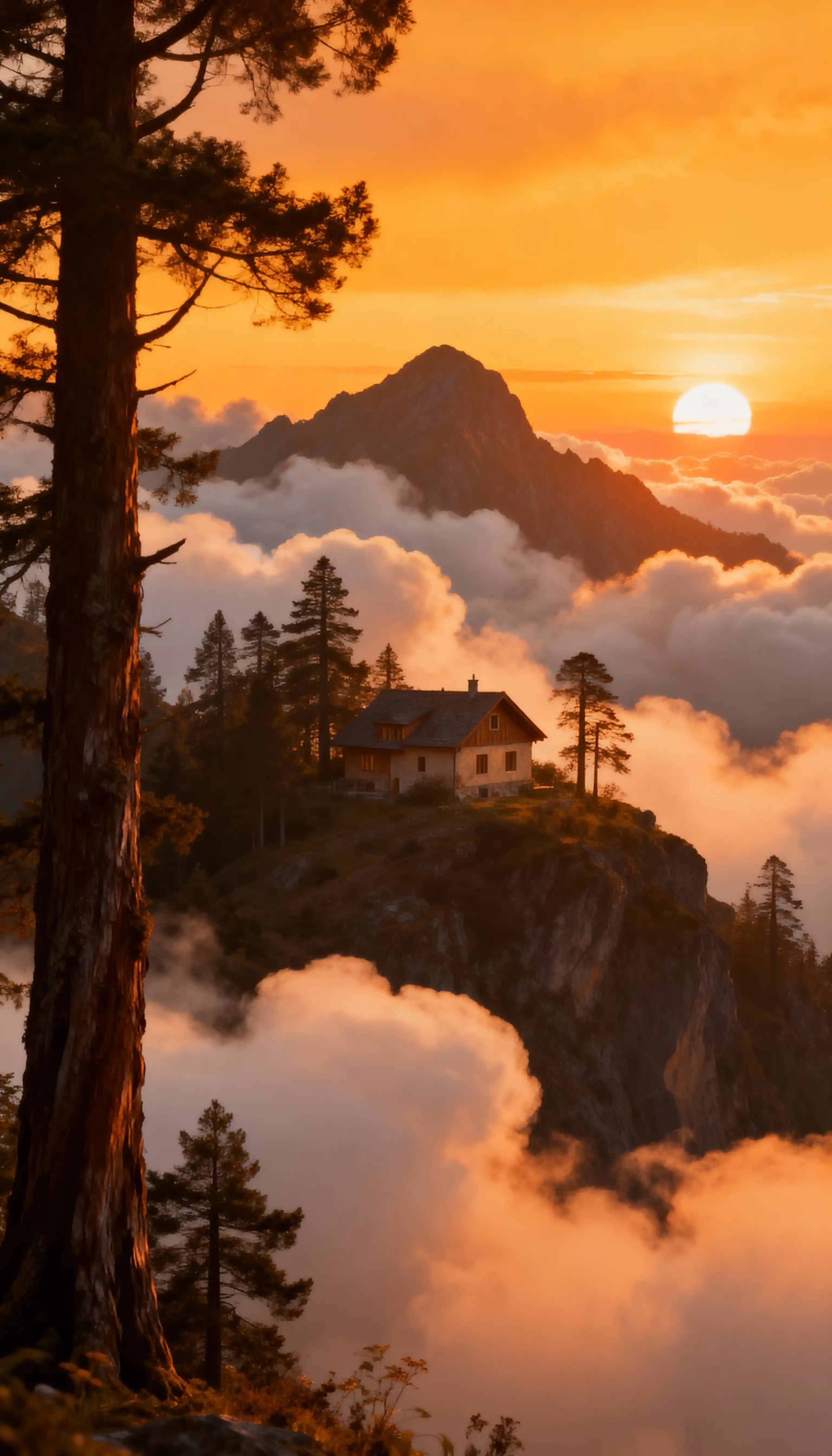 Fantastisches Berghaus bei Sonnenaufgang mit Bäumen und Wolken