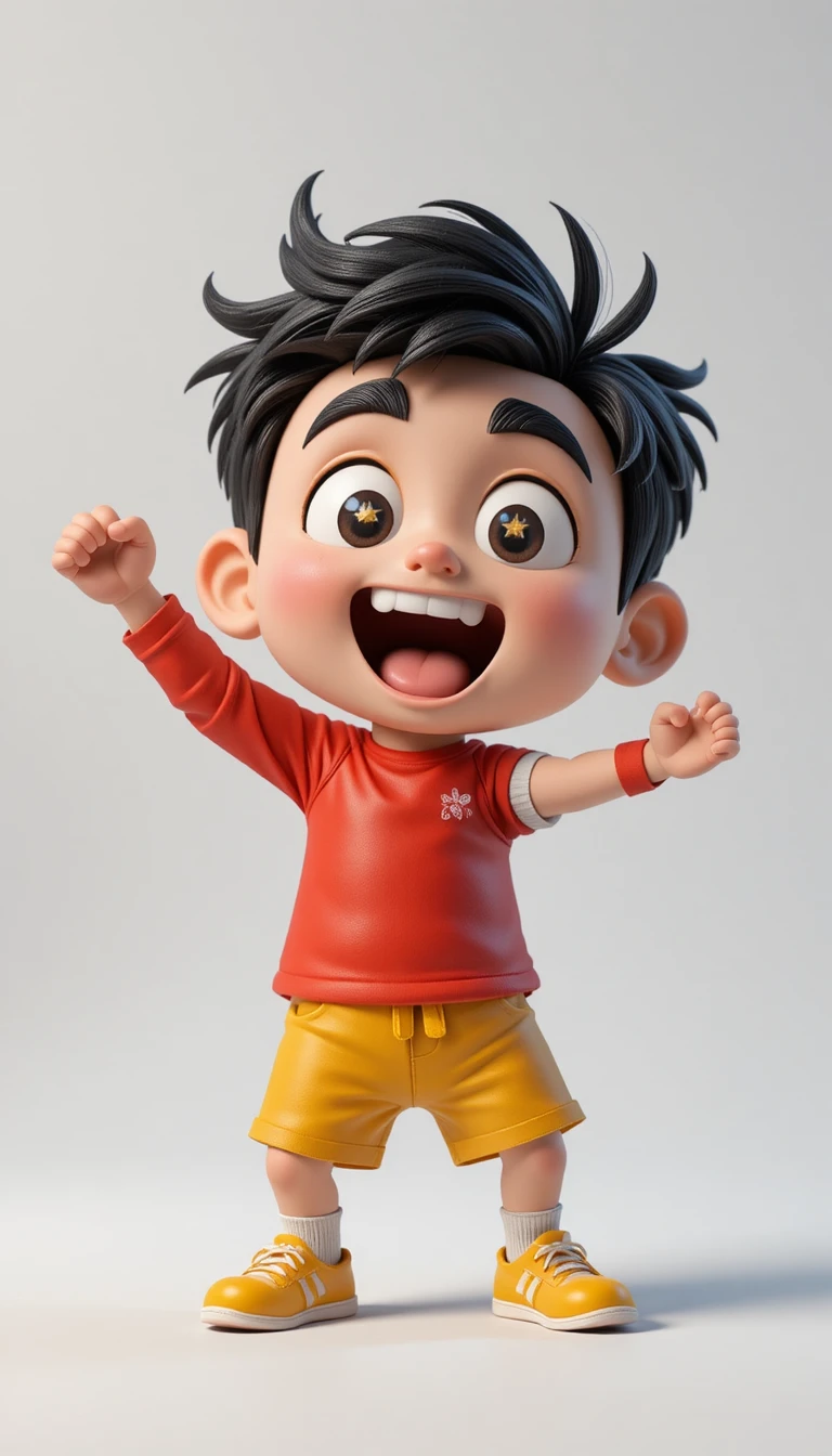 Cheerful 3D cartoon boy posing with triumphant raised arm