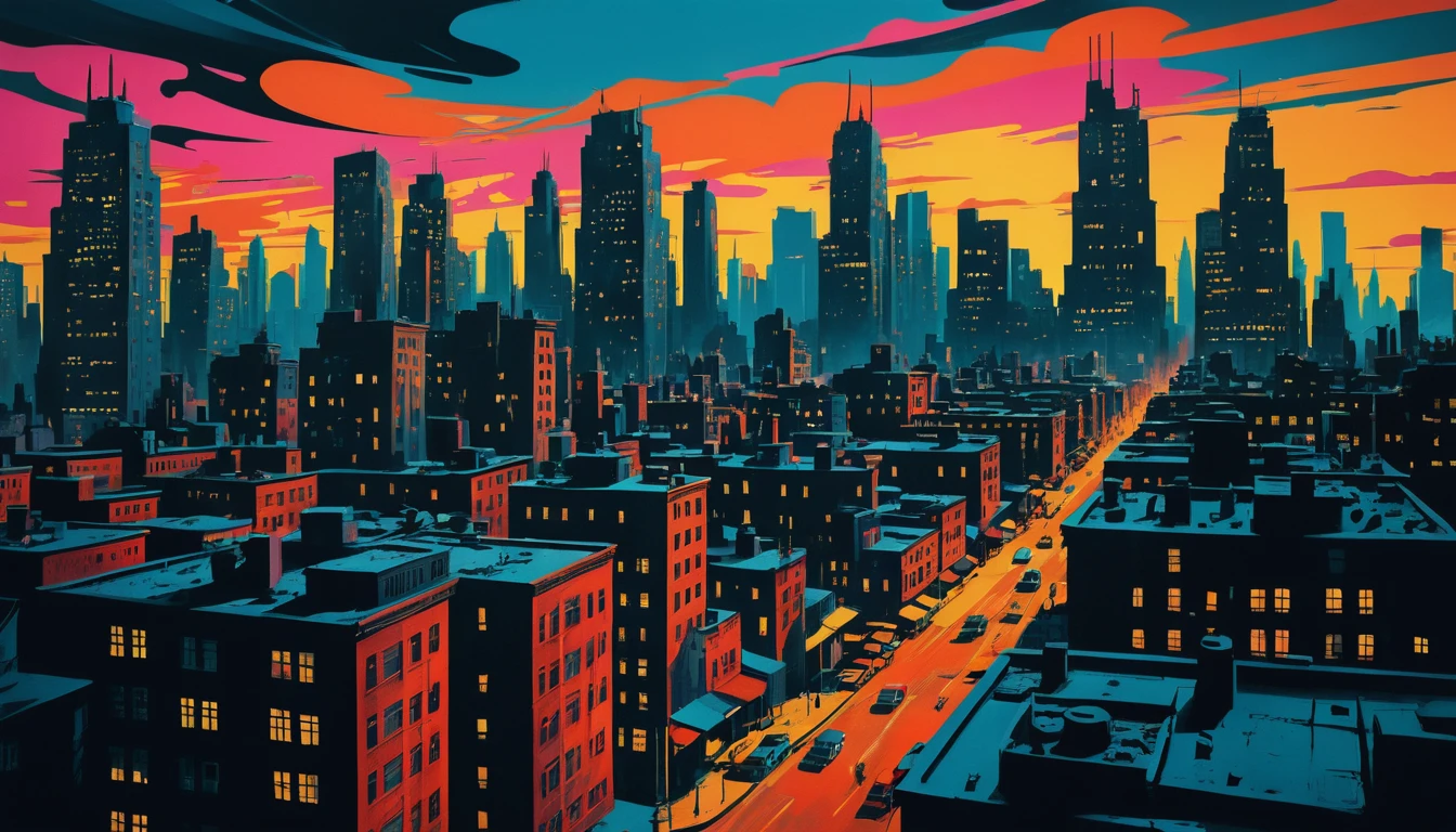 Paysage urbain surréaliste de gratte‑ciel fondus au crépuscule en couleurs vives