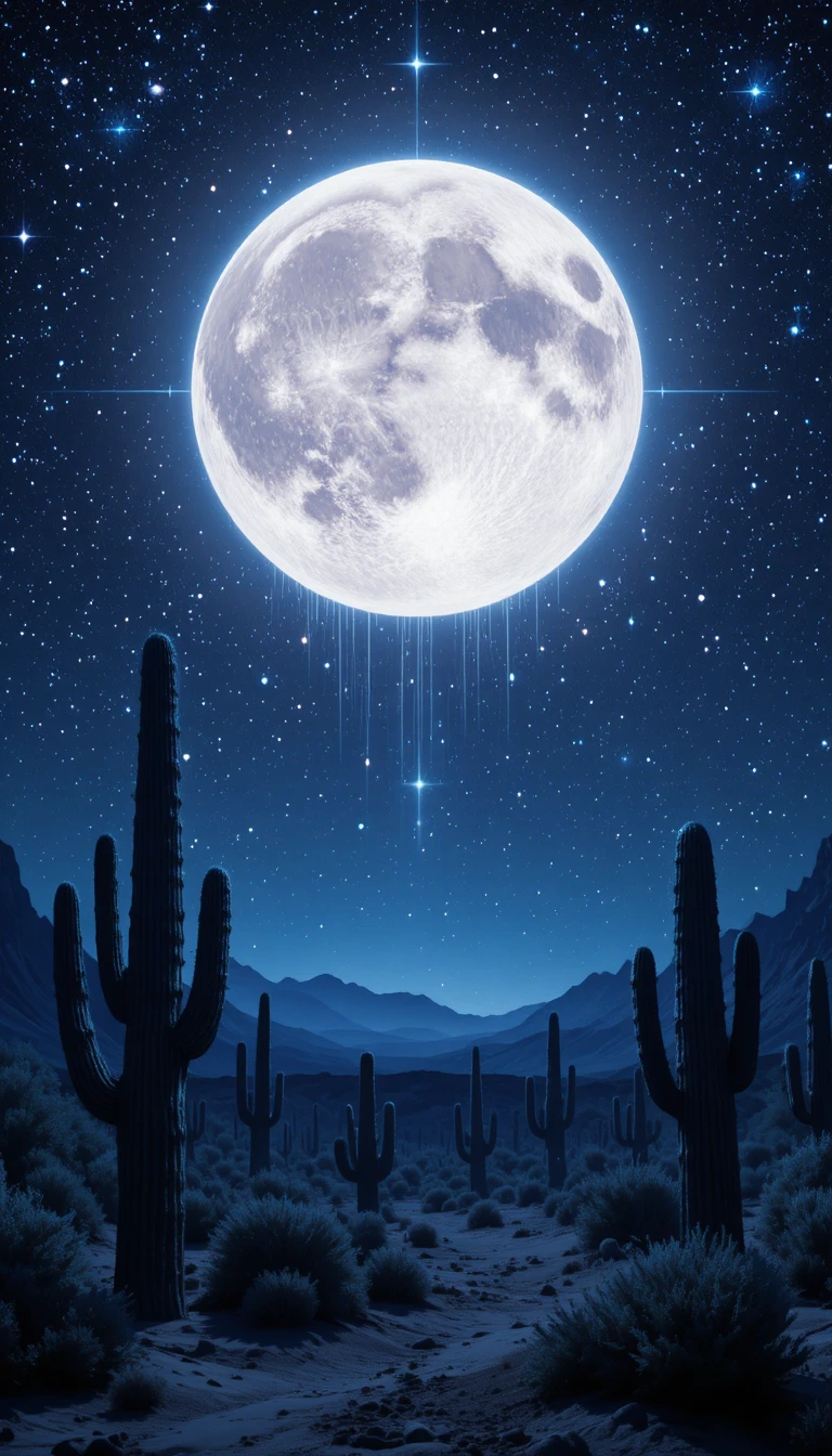 Deserto surreal sob um céu cósmico iluminado pela lua