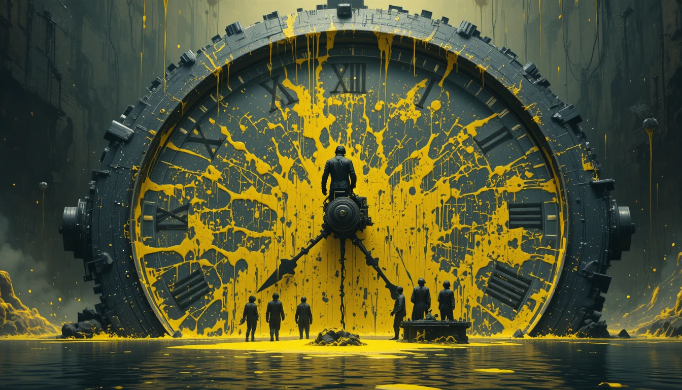 Surreal digital clock splattered with yellow goo and shadows