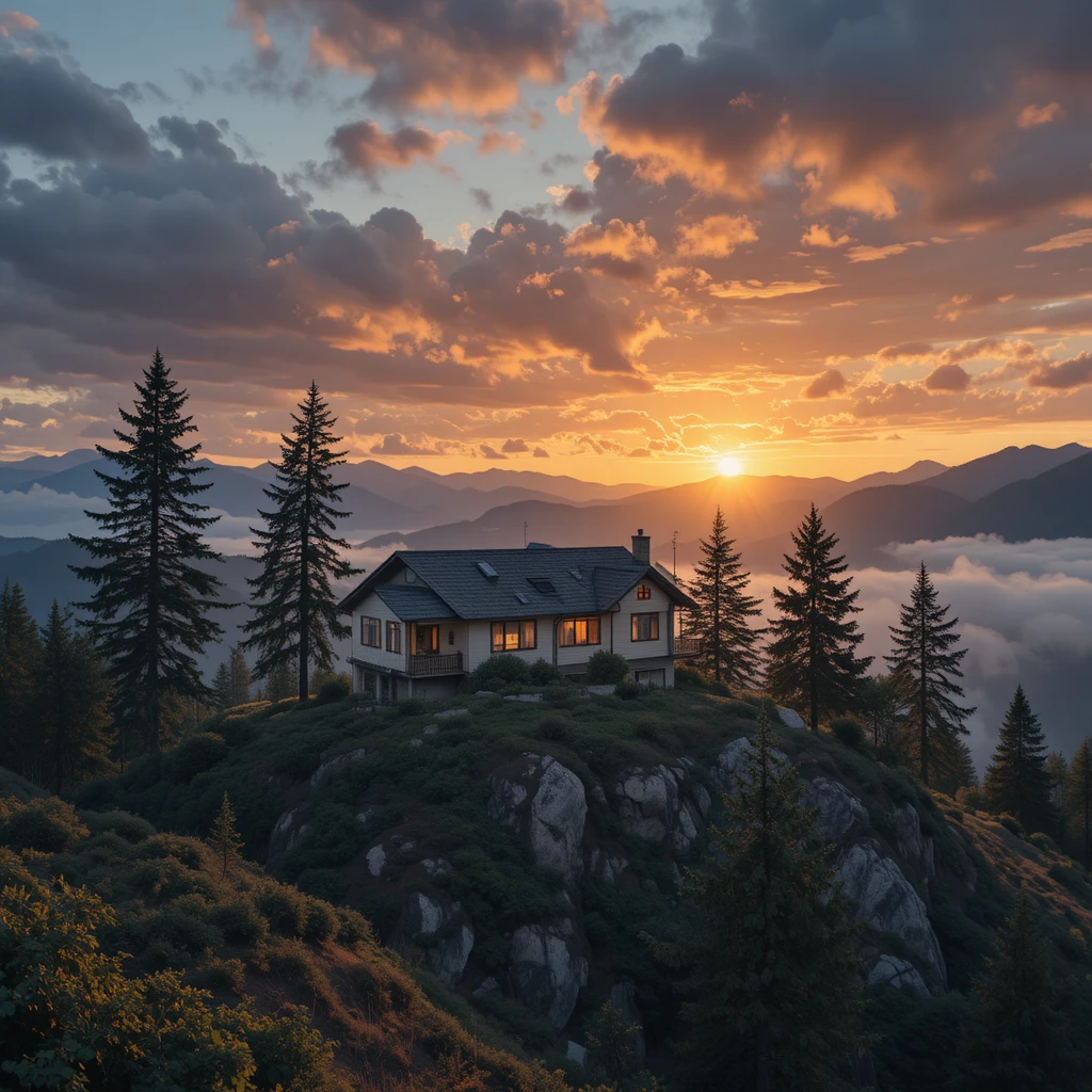 Berghaus bei Sonnenaufgang mit Wolken und Bäumen