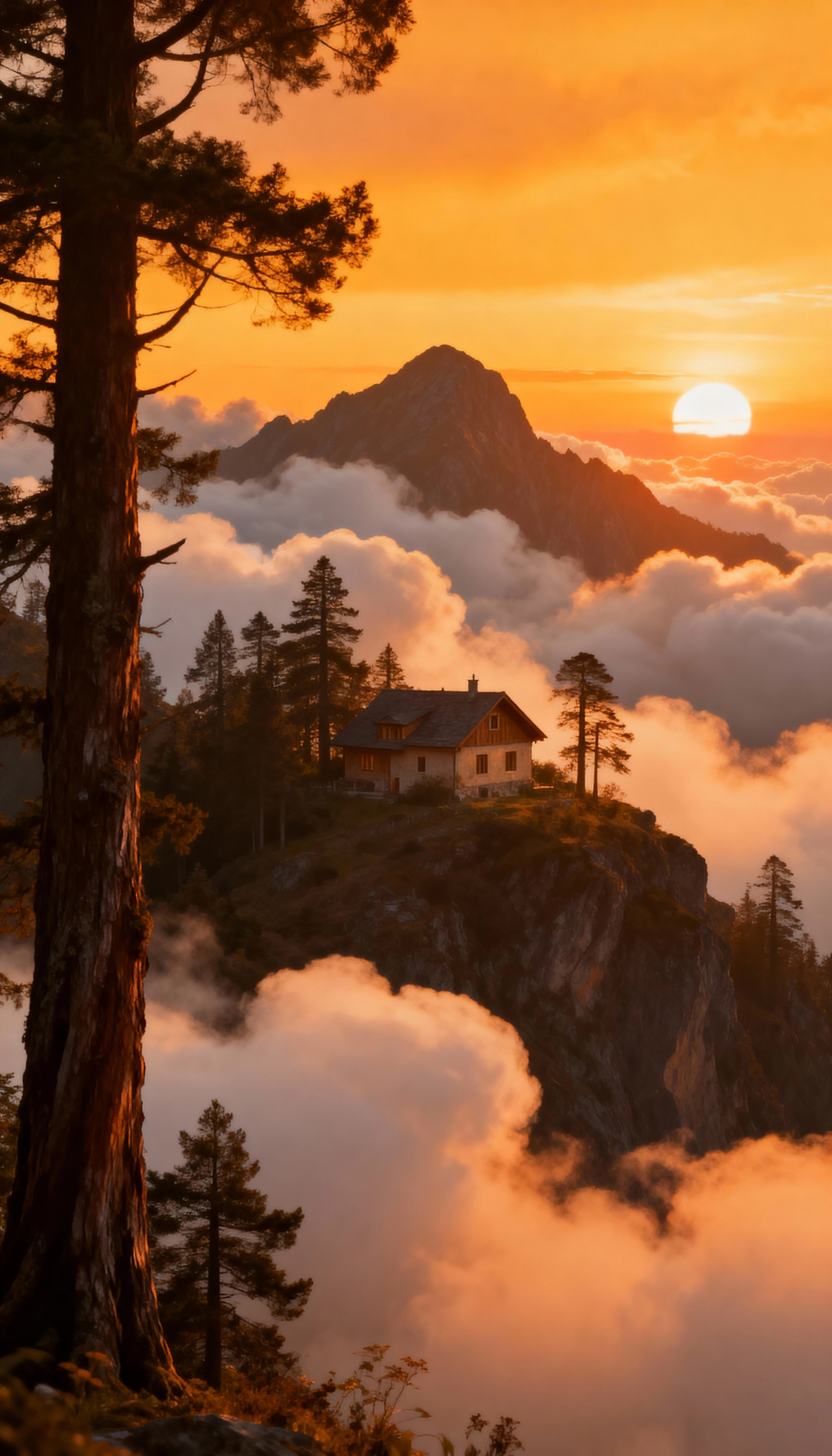 Casa de montanha fantástica ao nascer do sol com árvores e nuvens