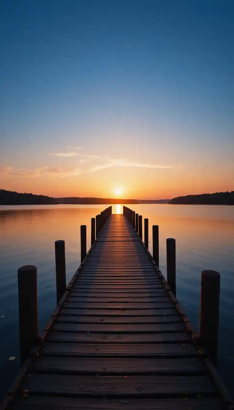 Wooden pier leading into a tranquil lake at sunset