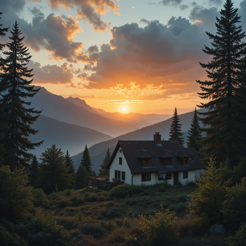 Maison de montagne au lever du soleil avec arbres et nuages doux