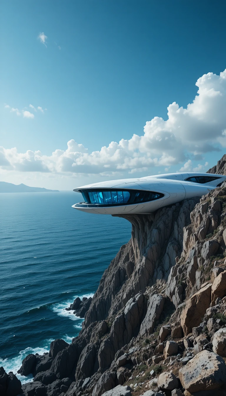 Futuristisches Klippengebäude mit leuchtend blauem Kern am Meer